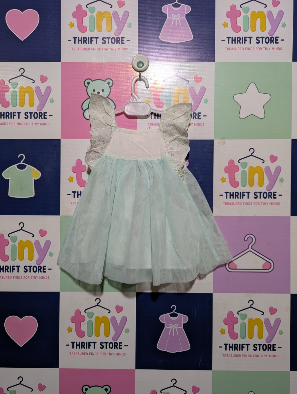 Cat & Jack Girls Mint Green & White Eyelet Tulle Party Dress - Size Estimated Age 12 Months AB2
