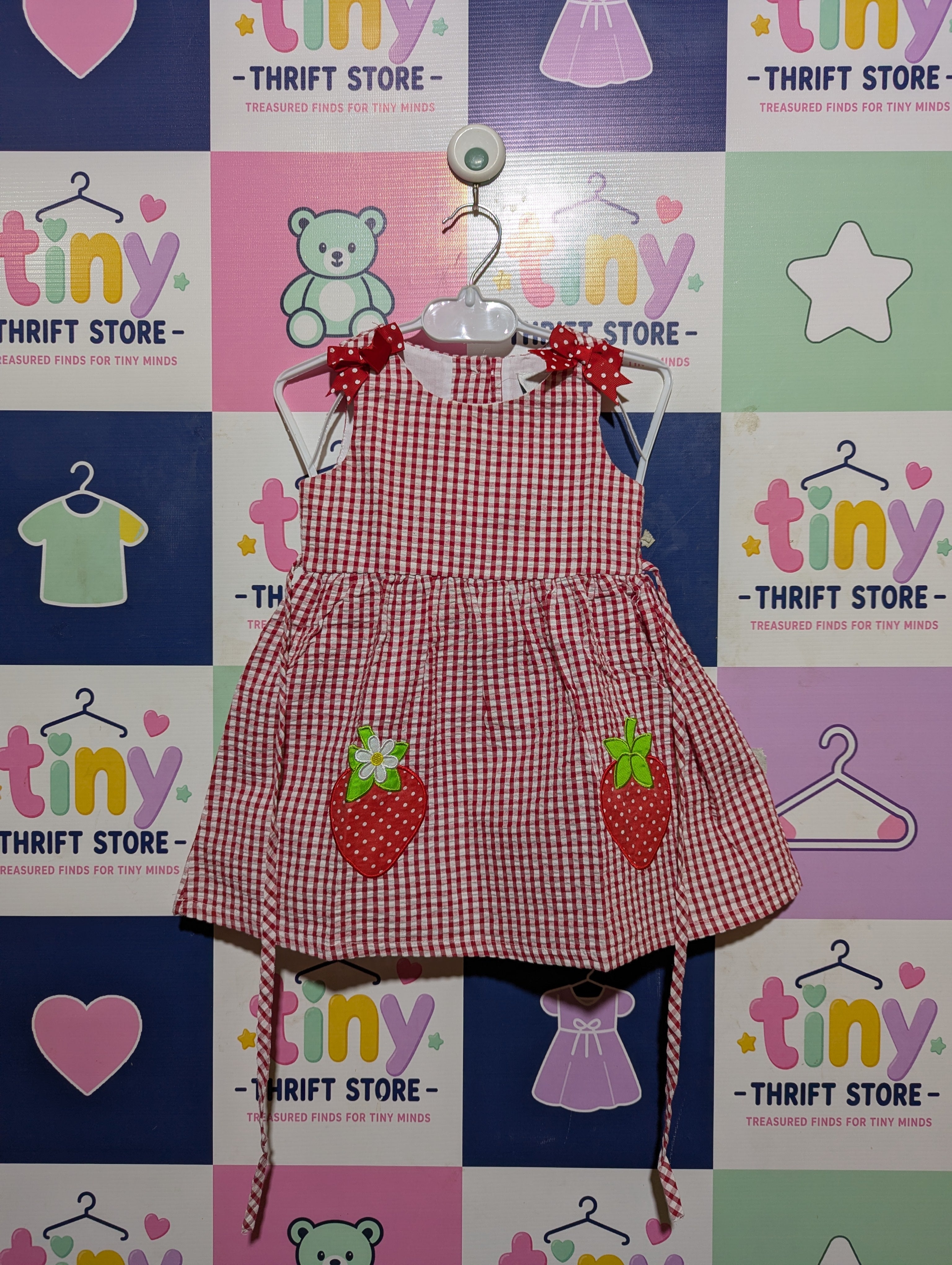 Rare Editions Girls Red & White Gingham "Strawberry" Sundress - Size Estimated Age 12 Months AB2