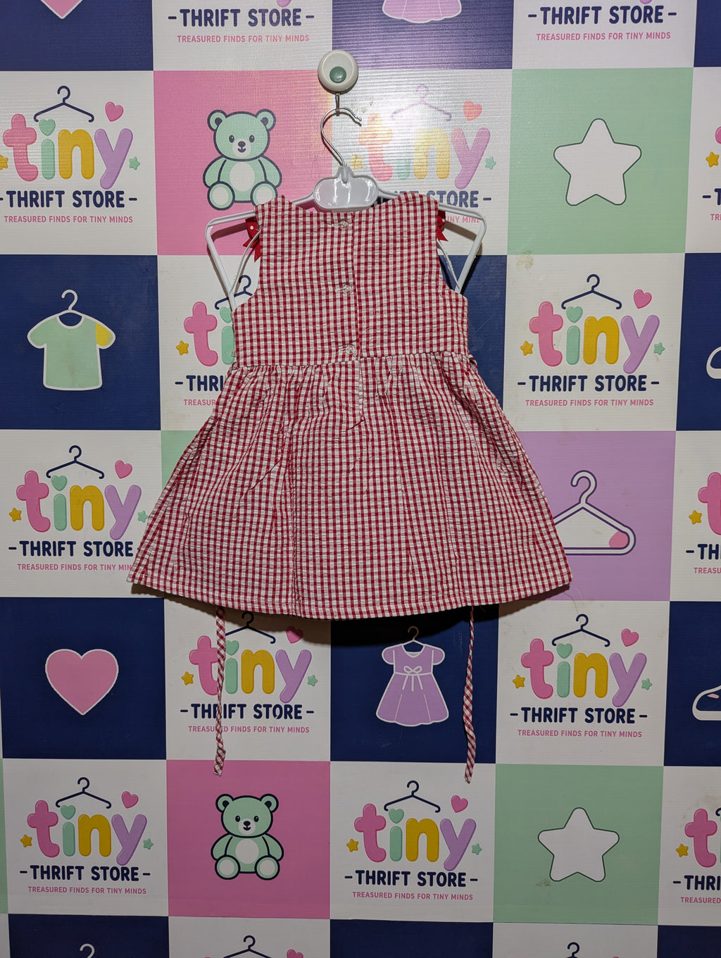Rare Editions Girls Red & White Gingham "Strawberry" Sundress - Size Estimated Age 12 Months AB2