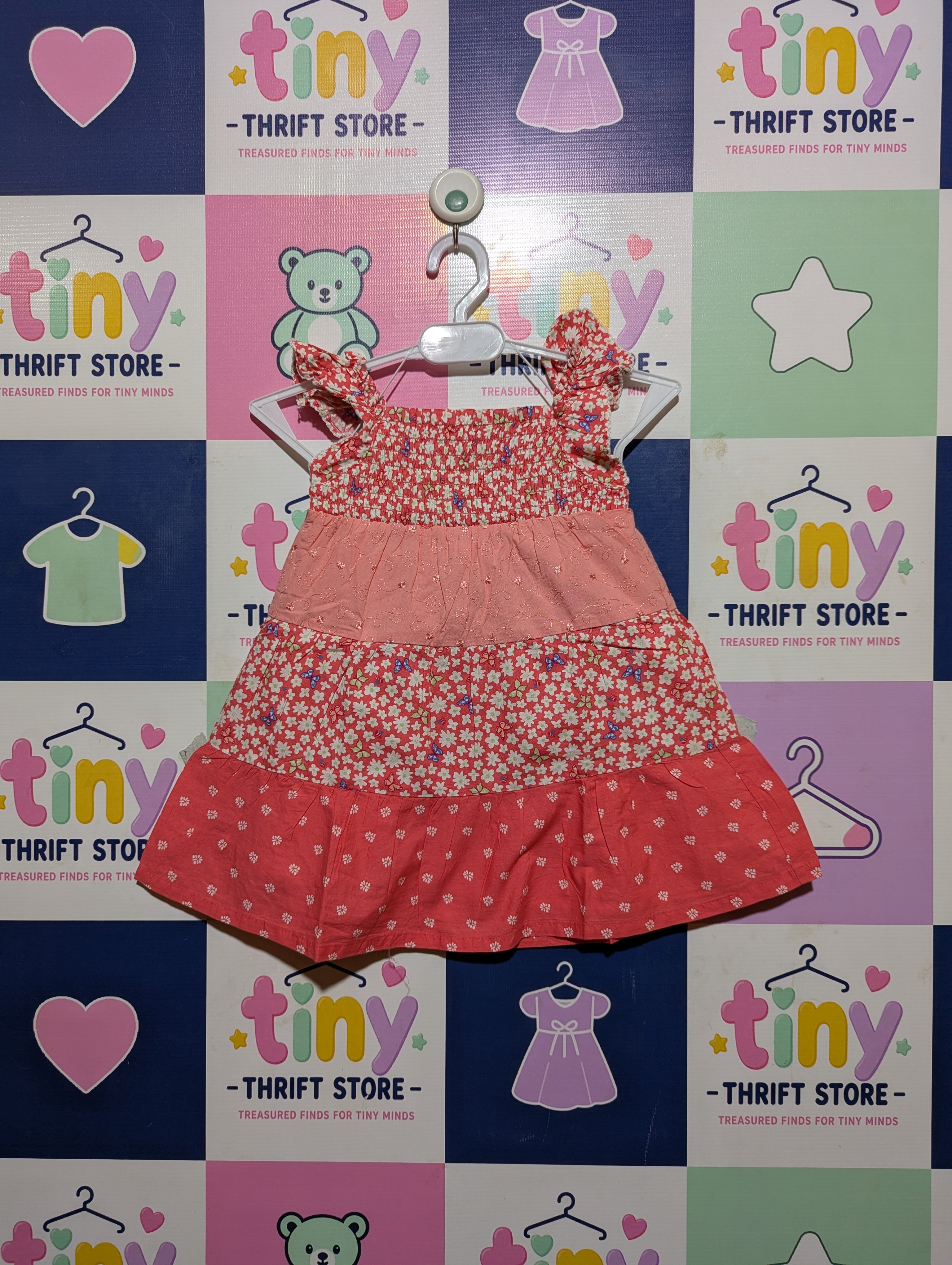 Penelope Mack Girls Coral Pink "Floral Meadow" Tiered Sundress - Size Estimated Age 2T AB2