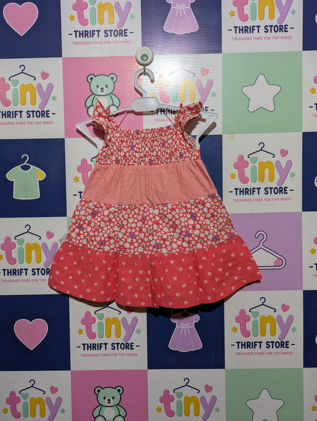 Penelope Mack Girls Coral Pink "Floral Meadow" Tiered Sundress - Size Estimated Age 2T AB2
