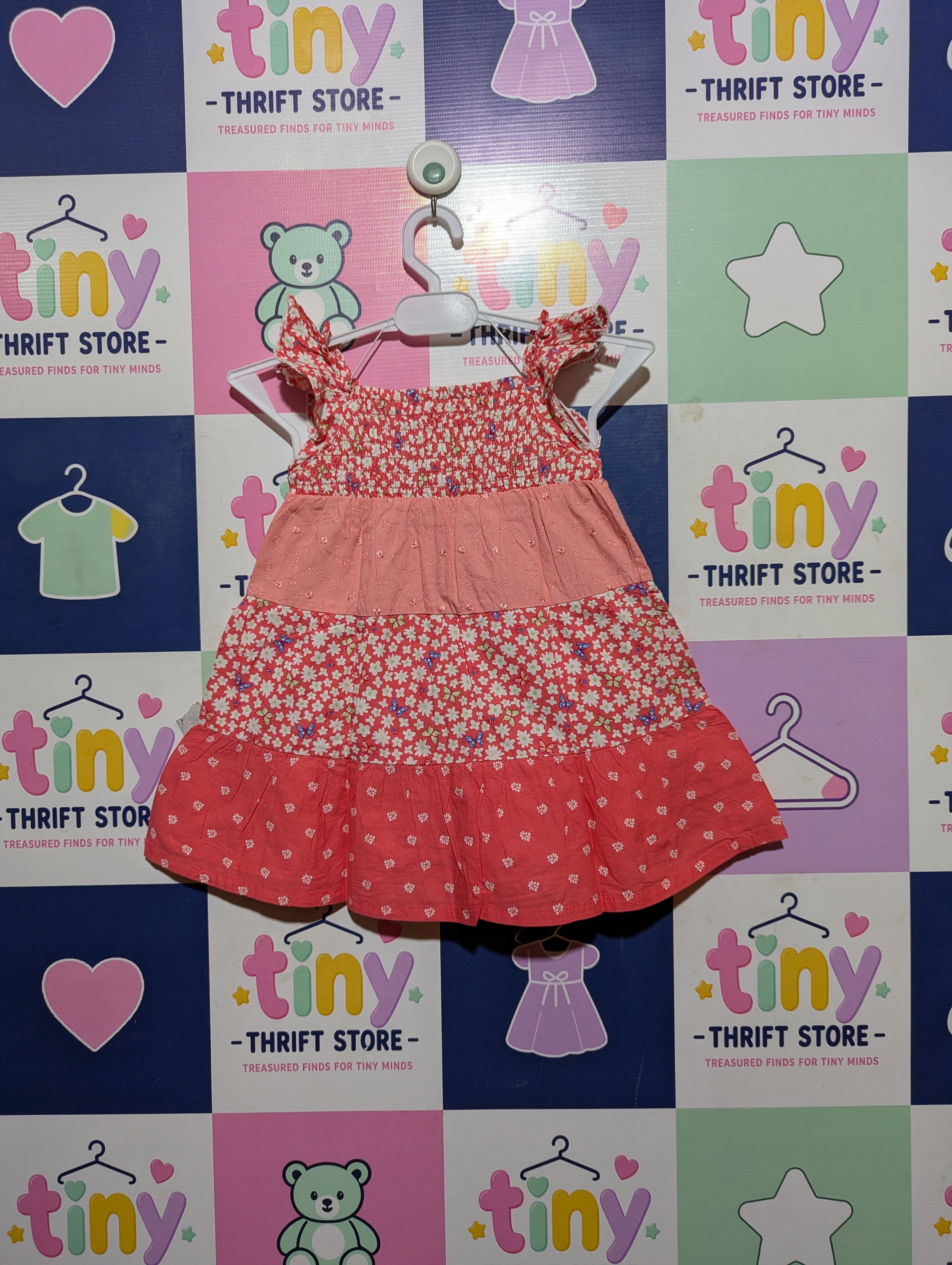 Penelope Mack Girls Coral Pink "Floral Meadow" Tiered Sundress - Size Estimated Age 2T AB2
