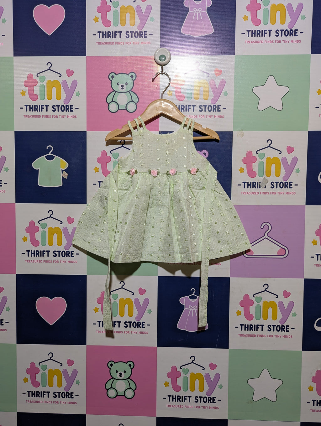 Bonnie Baby Girls Mint Green "Eyelet Floral" Strappy Dress - Size Estimated Age 12 Months AB2