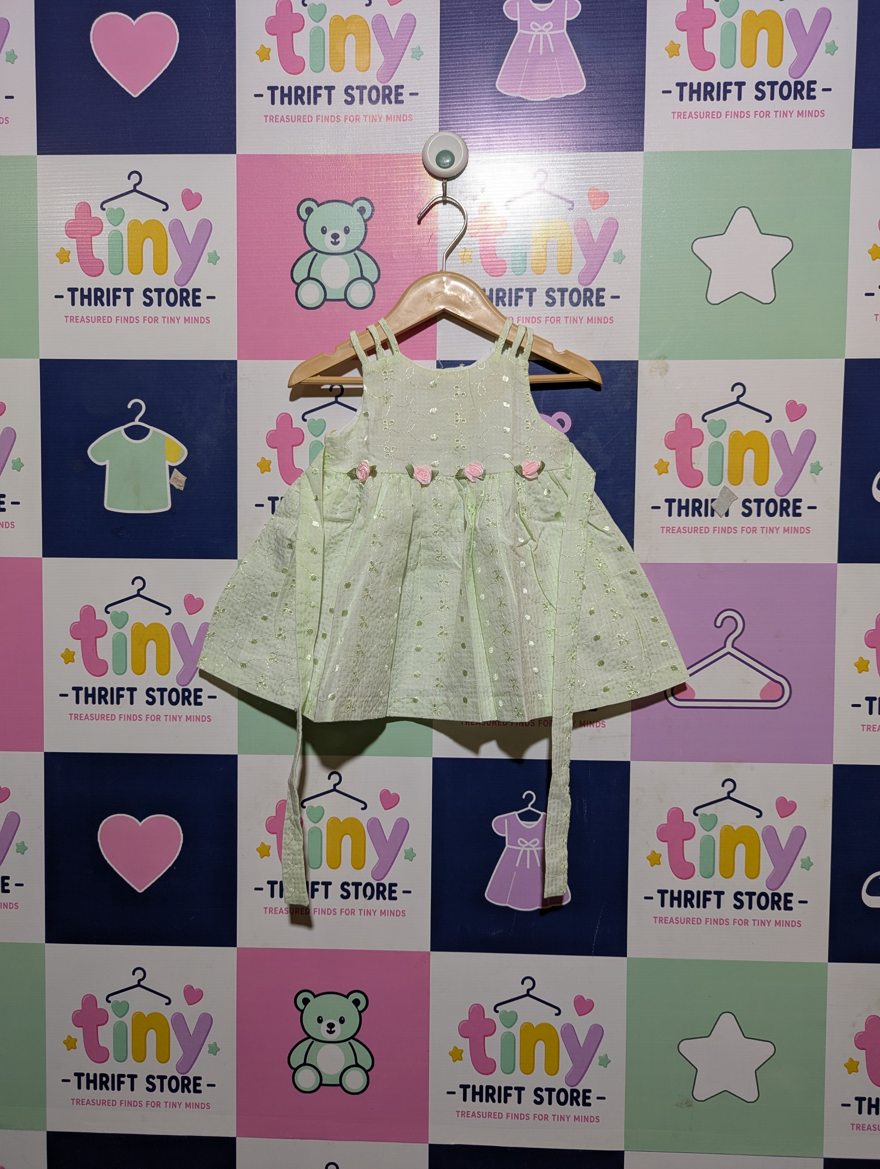 Bonnie Baby Girls Mint Green "Eyelet Floral" Strappy Dress - Size Estimated Age 12 Months AB2