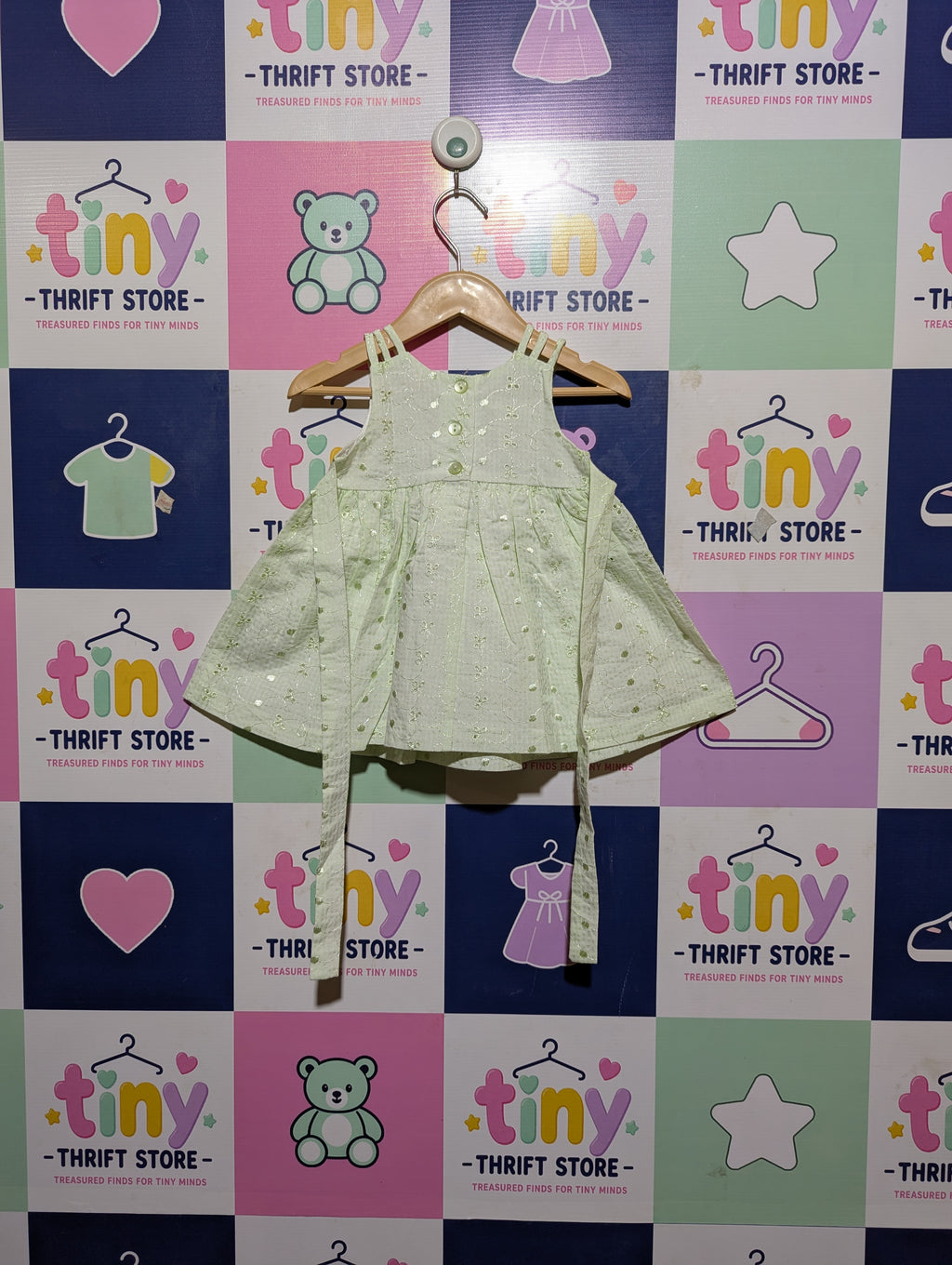Bonnie Baby Girls Mint Green "Eyelet Floral" Strappy Dress - Size Estimated Age 12 Months AB2
