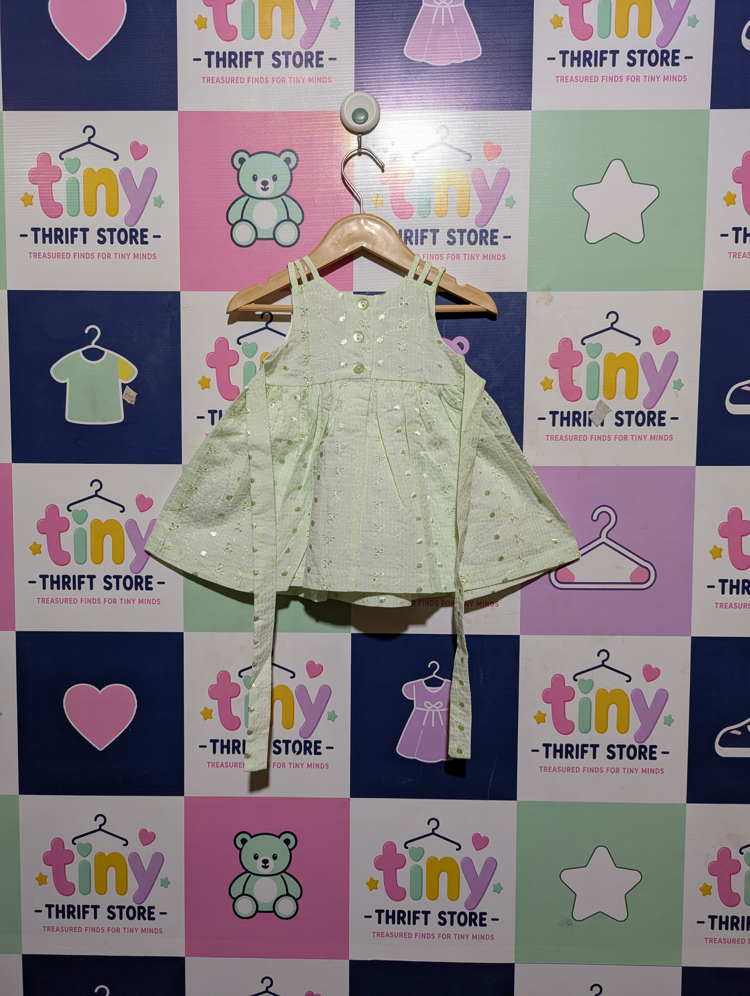 Bonnie Baby Girls Mint Green "Eyelet Floral" Strappy Dress - Size Estimated Age 12 Months AB2