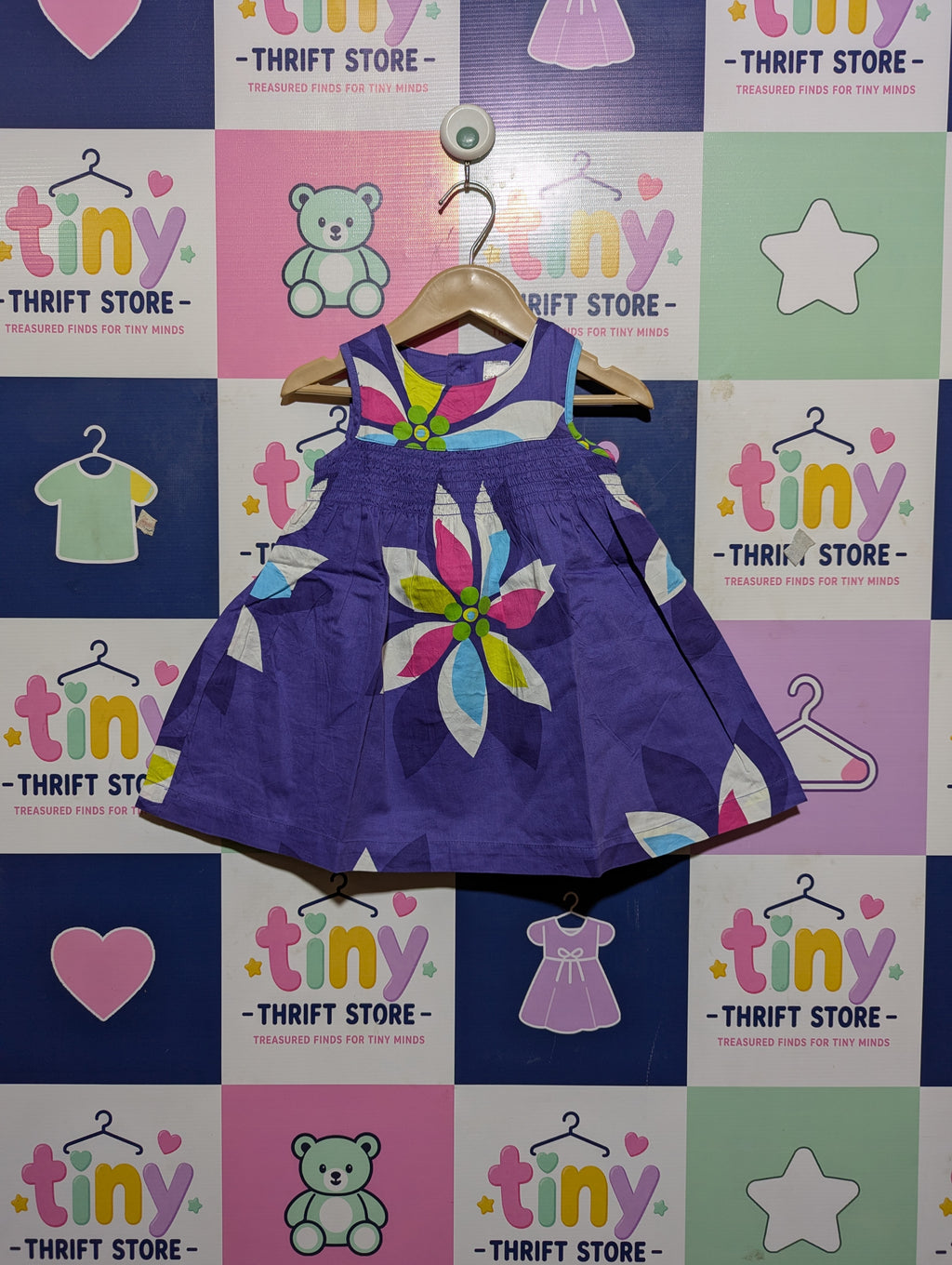 Carter's Girls Purple "Bold Floral Print" Smocked Dress - Size Estimated Age 12 Months AB2