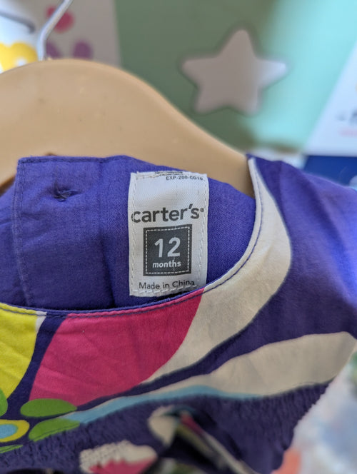 Carter's Girls Purple "Bold Floral Print" Smocked Dress - Size Estimated Age 12 Months AB2
