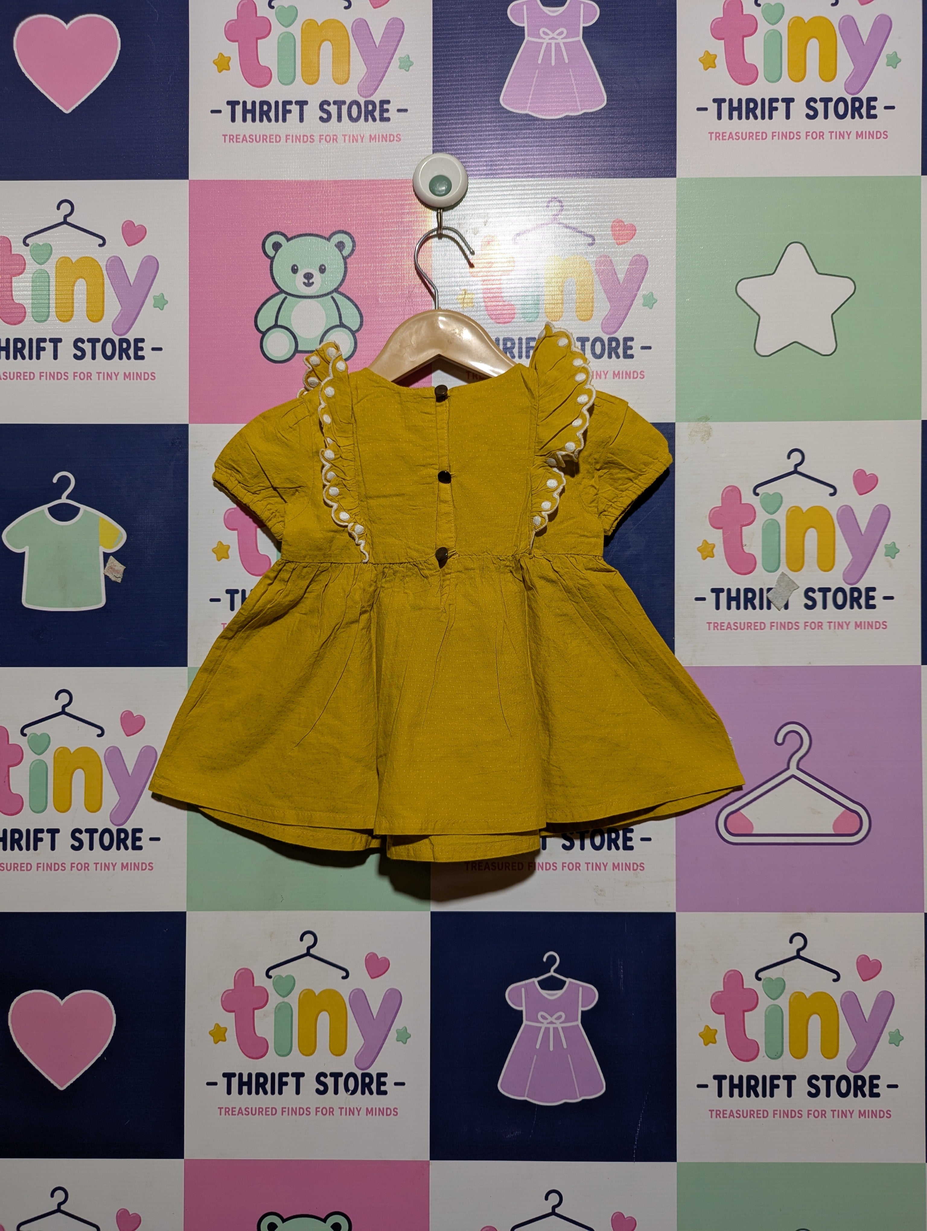Joie Girls Mustard Yellow "Ruffled Eyelet Trim" Cotton Dress - Size Estimated Age 18 Months AB2