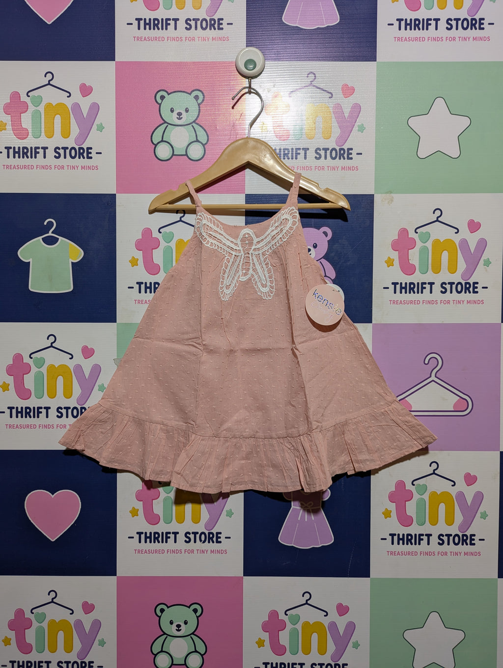 Kensie Baby Girls Soft Pink "Lace Bow Accent" Ruffle Hem Dress - Size Estimated Age 18 Months AB2