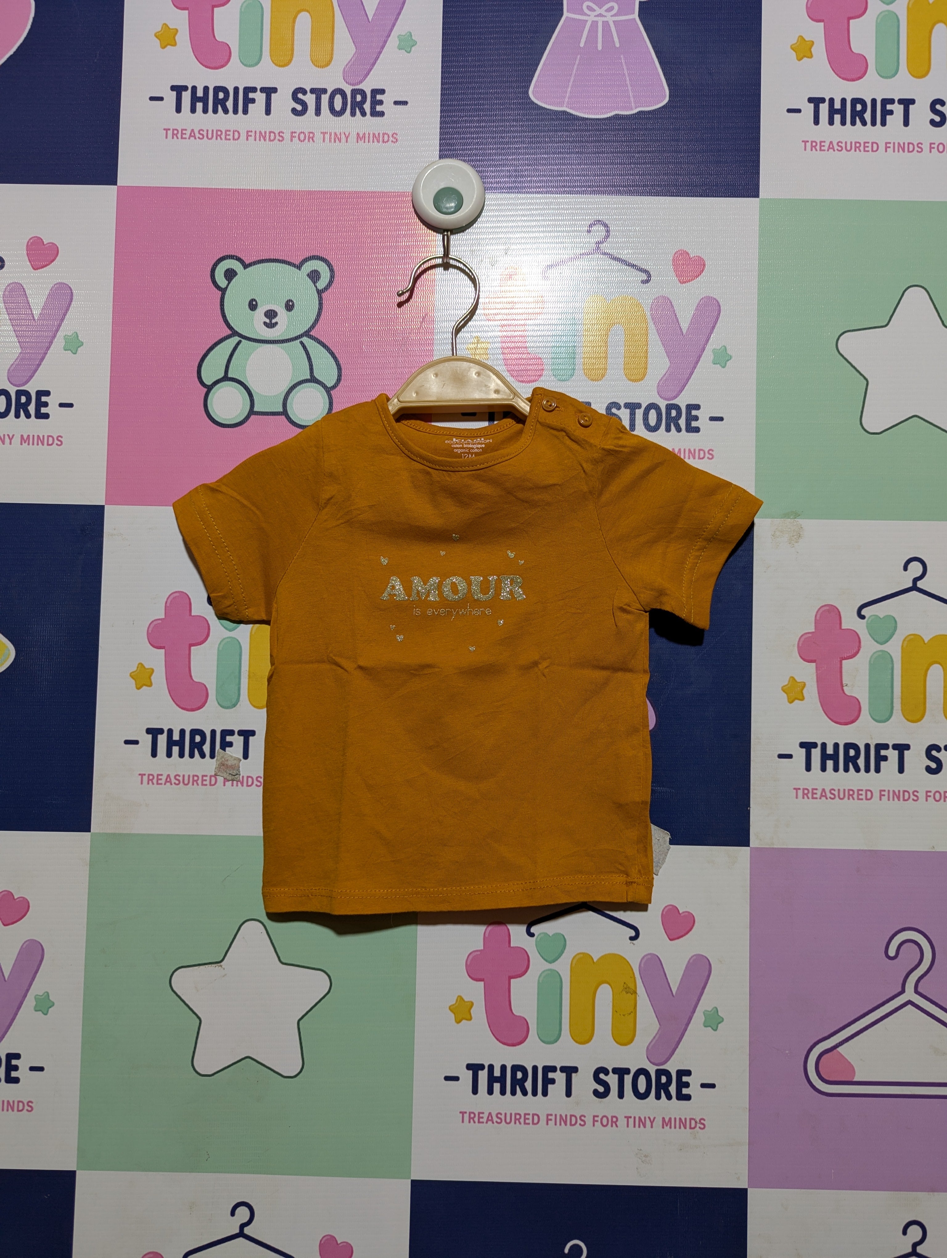 Kiabi Baby Girls Mustard Yellow "Amour" Graphic Organic Cotton Tee - Size Estimated Age 12 Months AB2