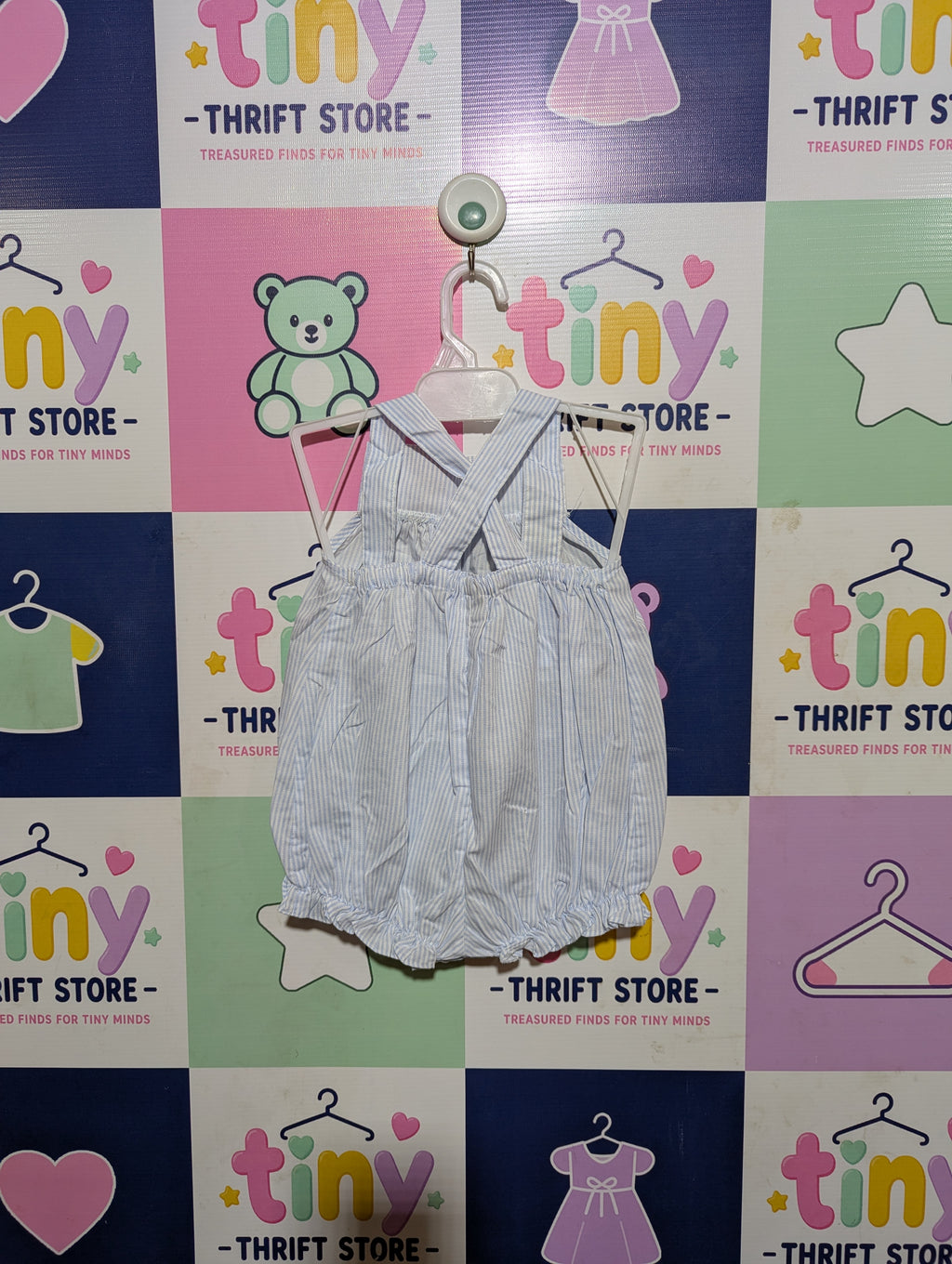 Boutique Collection Baby Girls Light Blue Seersucker "Tulip Appliqué" Cross-Back Romper - Size Estimated Age 9-12 Months AB2