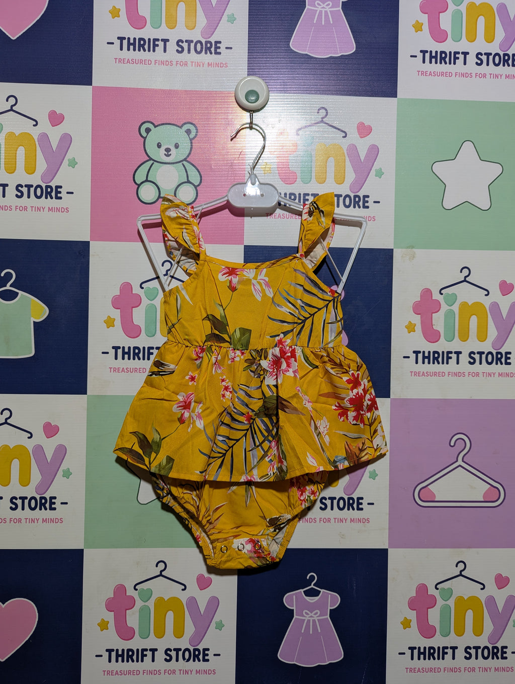 PatPat Girls Yellow Tropical Floral Ruffle Bodysuit Romper - Size Estimated Age 12-18 Months AB2