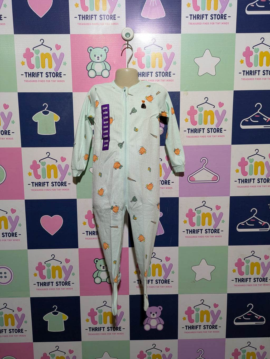 Pekkle Boys/Girls Unisex Mint Green "Cute Vegetables" Footed Sleeper - Size Estimated Age 24 Months AB2