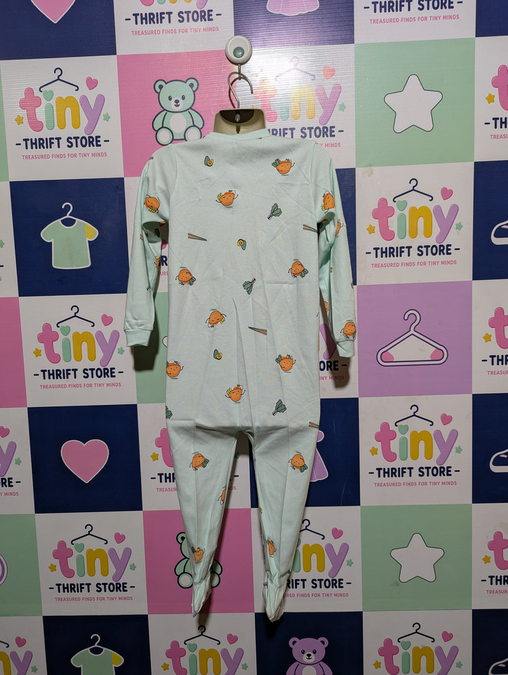 Pekkle Boys/Girls Unisex Mint Green "Cute Vegetables" Footed Sleeper - Size Estimated Age 24 Months AB2