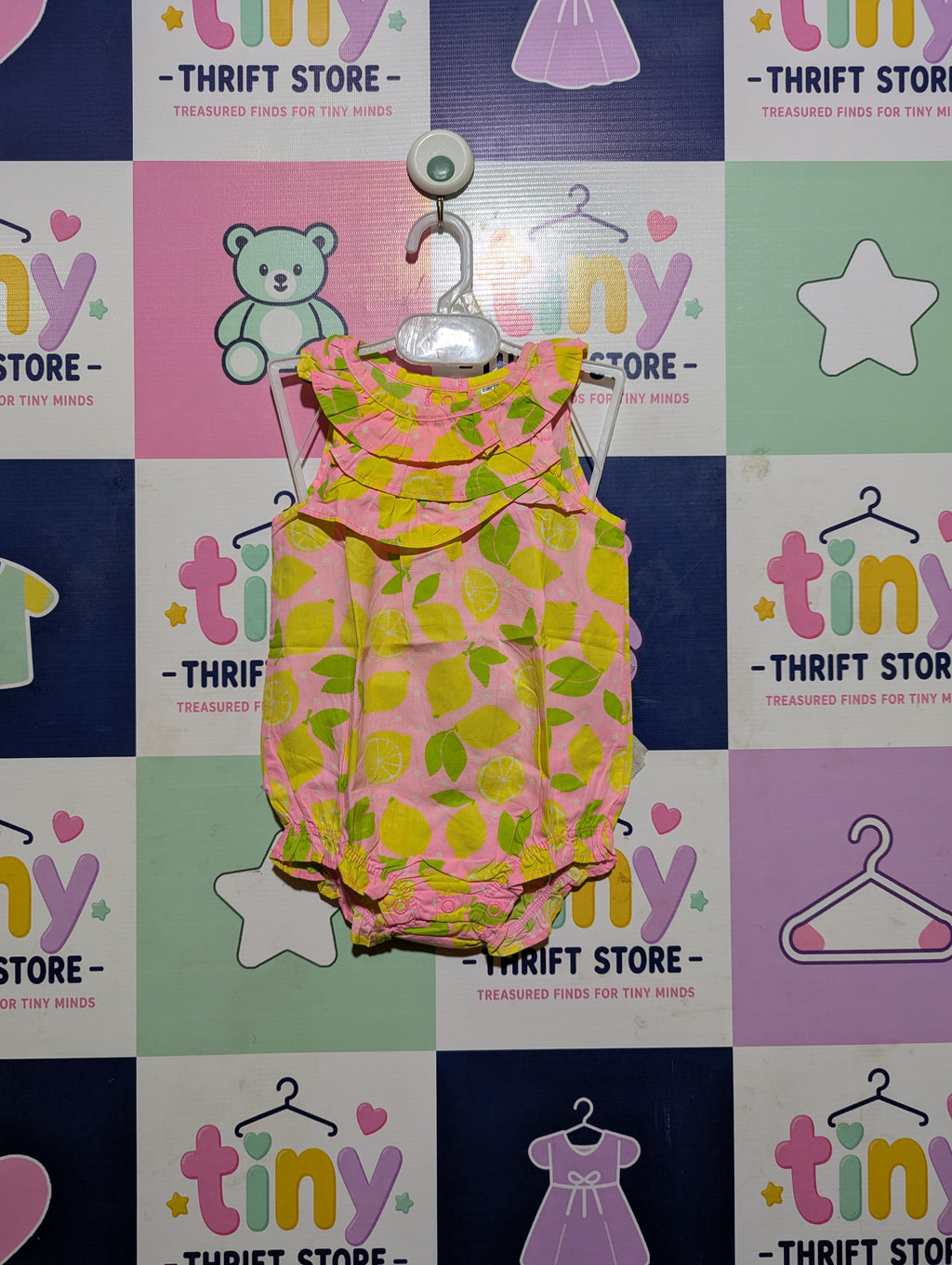 Carter's Girls Pink & Yellow Lemon Print Ruffle Bodysuit Romper - Size Estimated Age 12 Months AB2