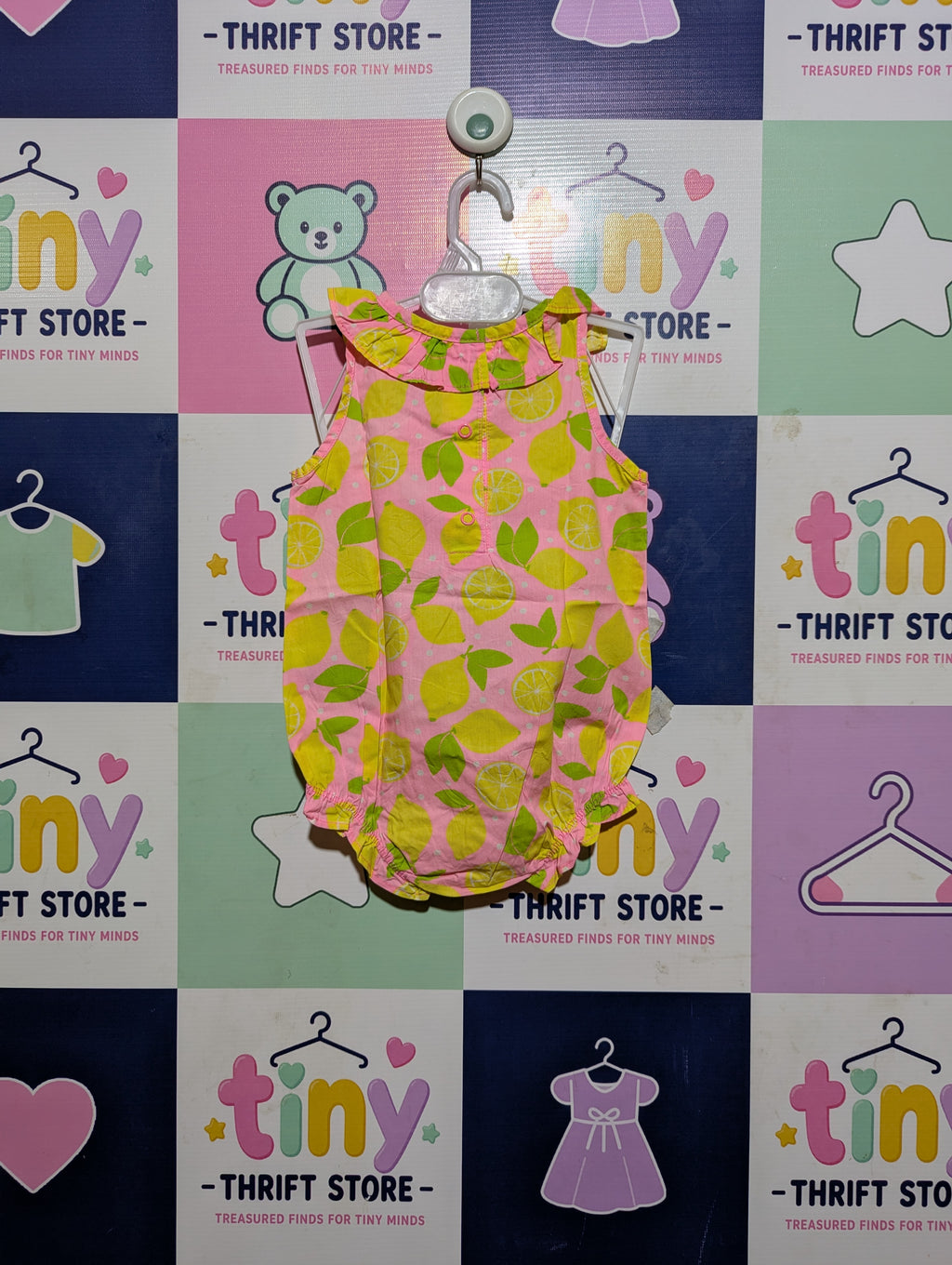 Carter's Girls Pink & Yellow Lemon Print Ruffle Bodysuit Romper - Size Estimated Age 12 Months AB2