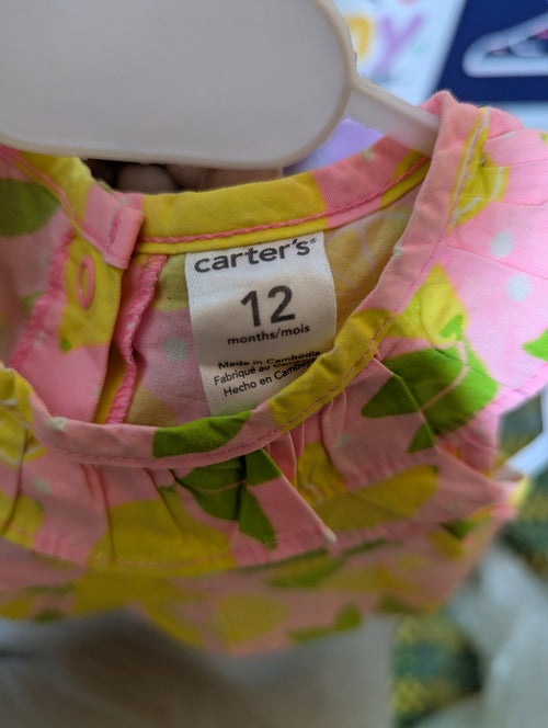 Carter's Girls Pink & Yellow Lemon Print Ruffle Bodysuit Romper - Size Estimated Age 12 Months AB2