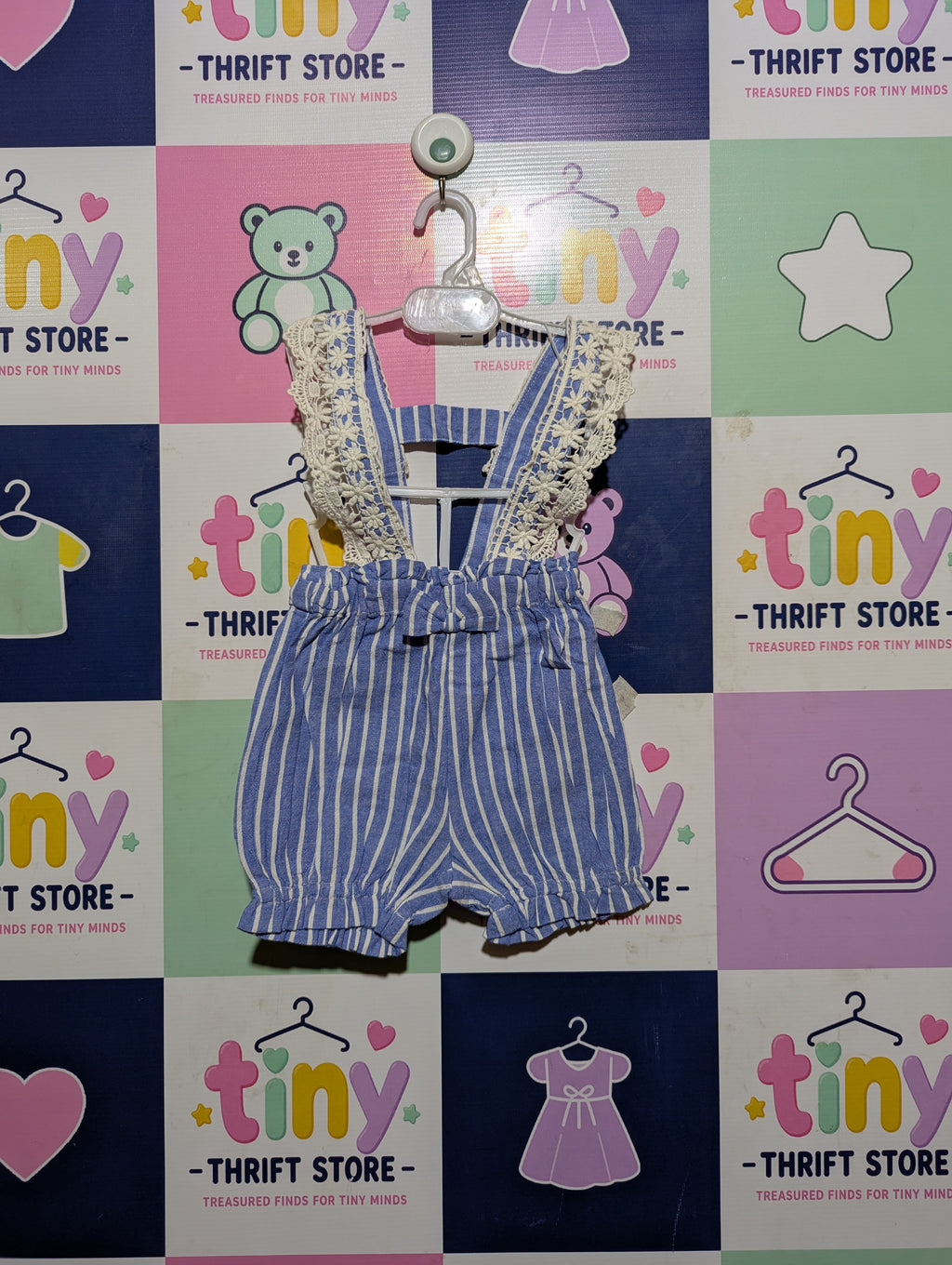 Branches Girls Blue & White Striped Lace-Trim Overalls Shorts - Size Estimated Age 1 Year AB2