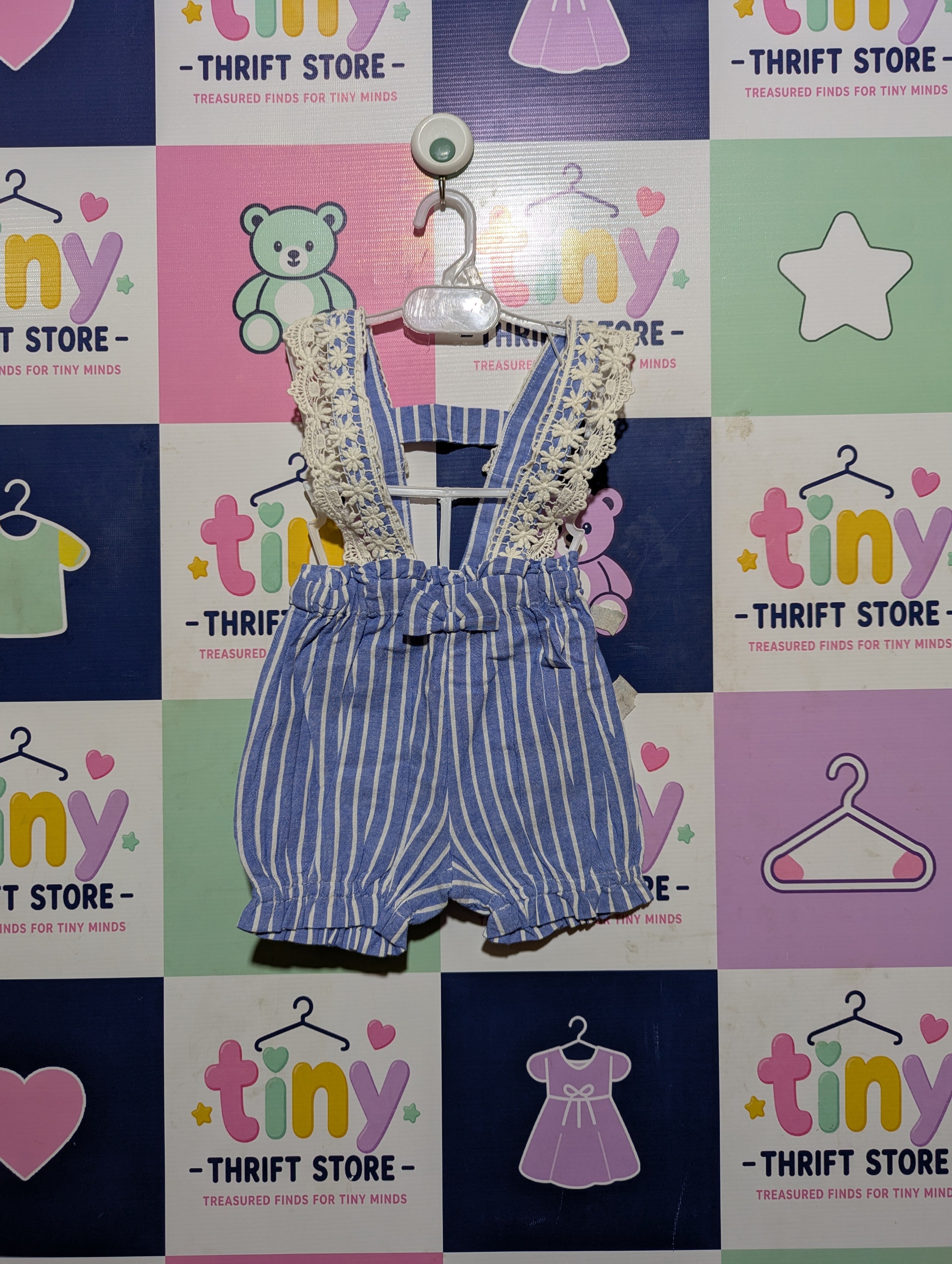Branches Girls Blue & White Striped Lace-Trim Overalls Shorts - Size Estimated Age 1 Year AB2