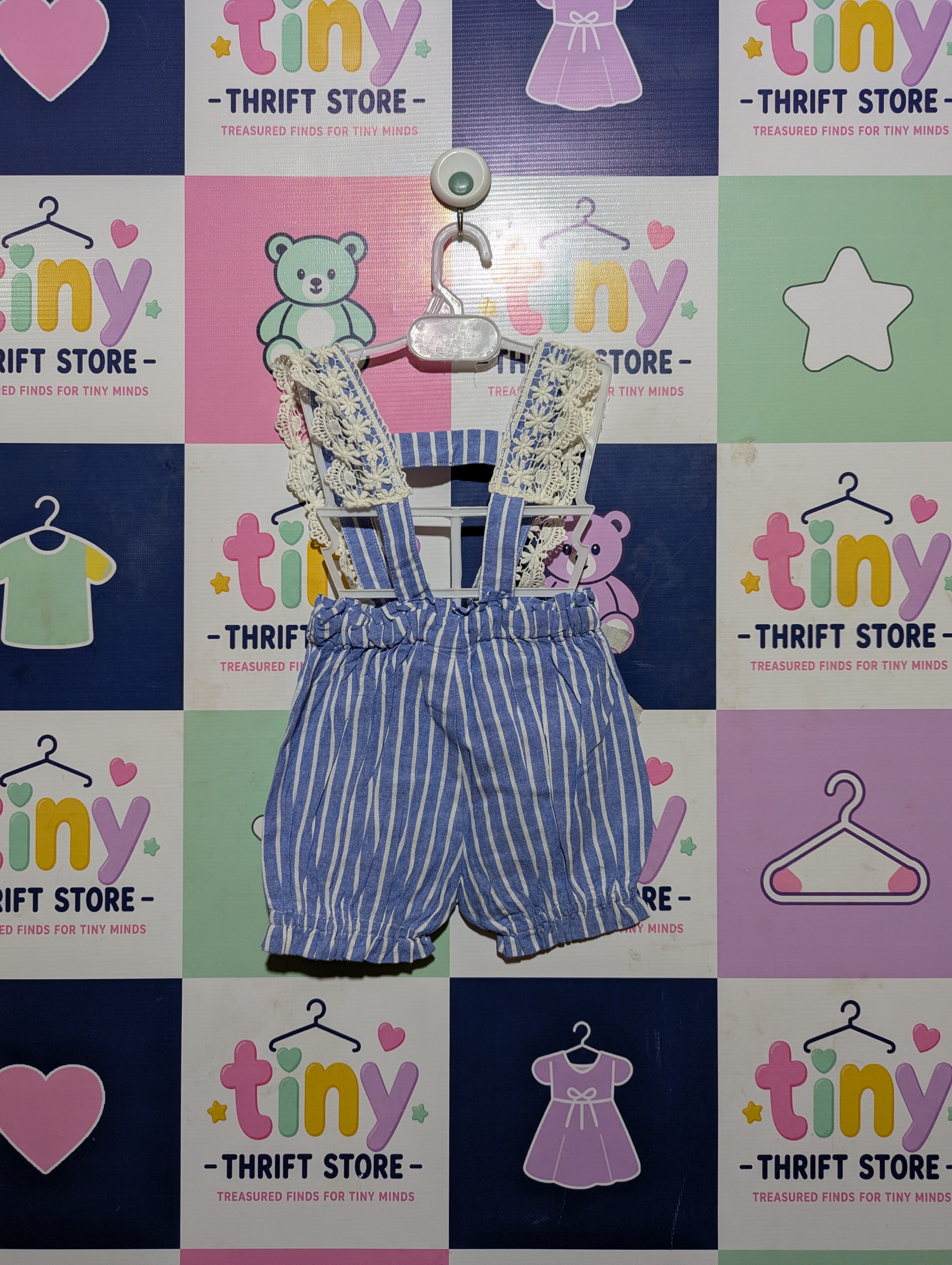 Branches Girls Blue & White Striped Lace-Trim Overalls Shorts - Size Estimated Age 1 Year AB2