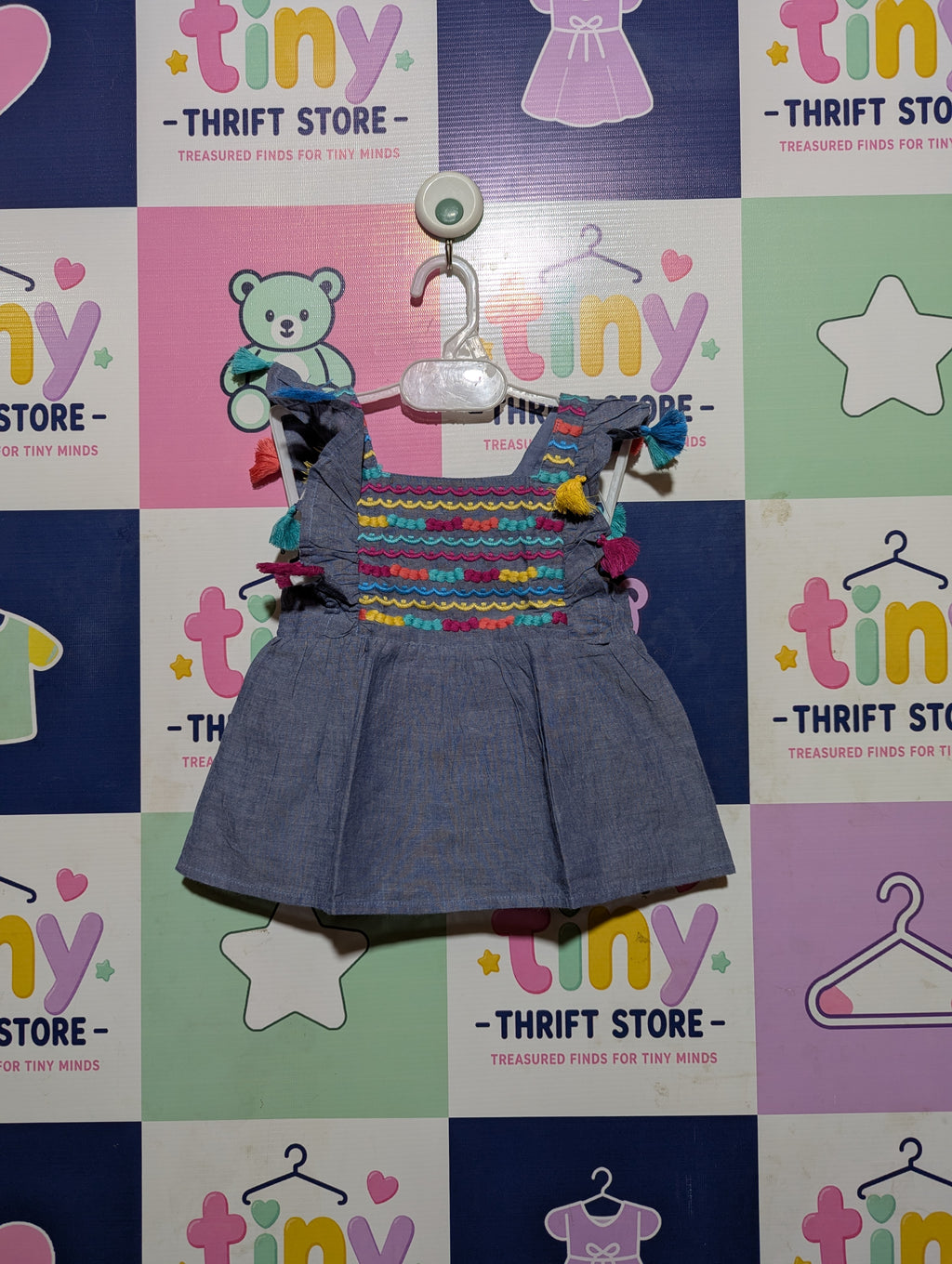 Cat & Jack Girls Blue Chambray Embroidered Tassel Peplum Top - Size Estimated Age 18 Months AB2