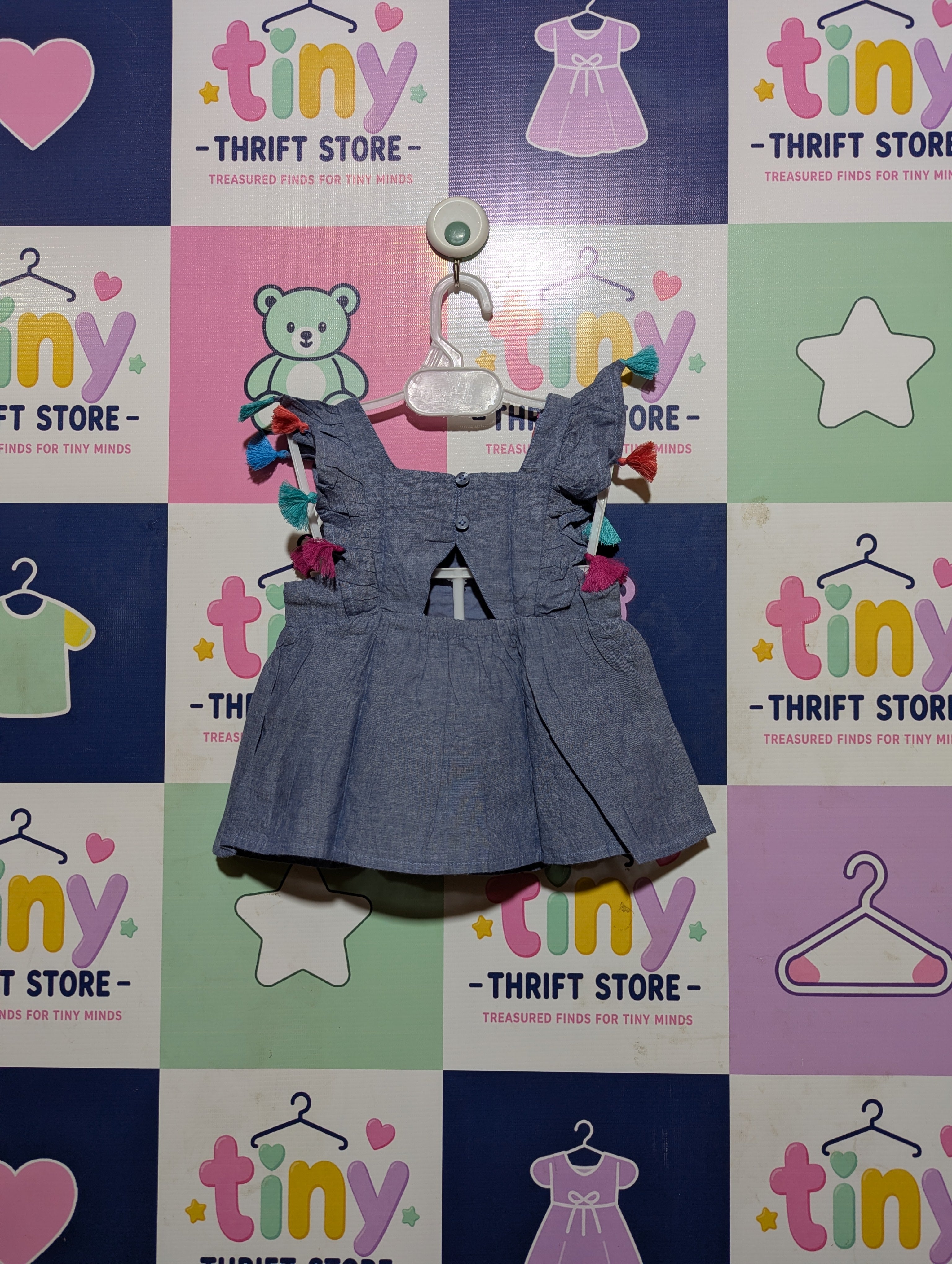 Cat & Jack Girls Blue Chambray Embroidered Tassel Peplum Top - Size Estimated Age 18 Months AB2