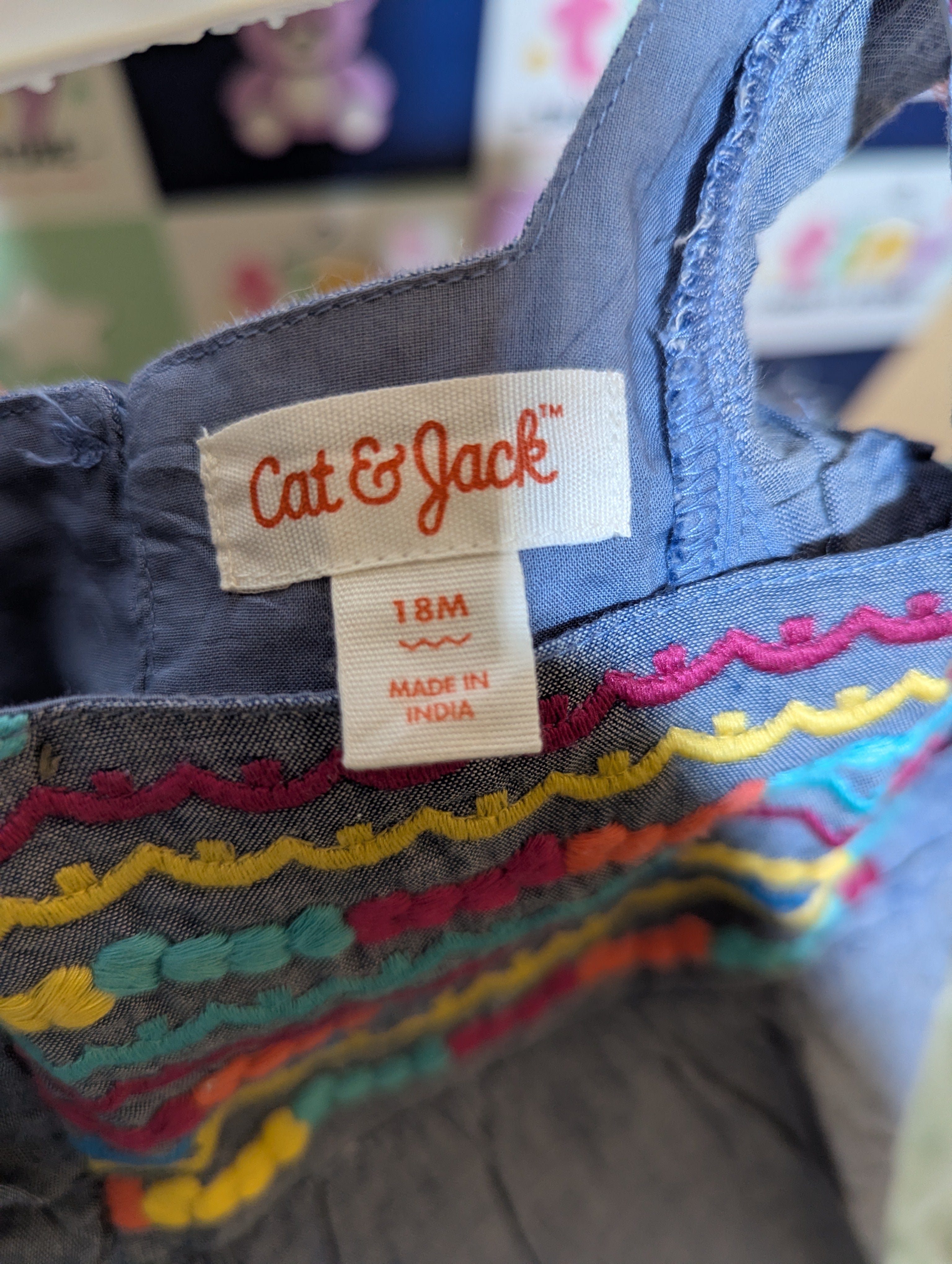 Cat & Jack Girls Blue Chambray Embroidered Tassel Peplum Top - Size Estimated Age 18 Months AB2