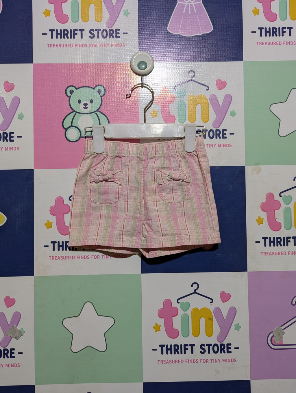 Faded Glory Girls Pink & Green Plaid Bow Shorts - Size Estimated Age 12 Months AB2