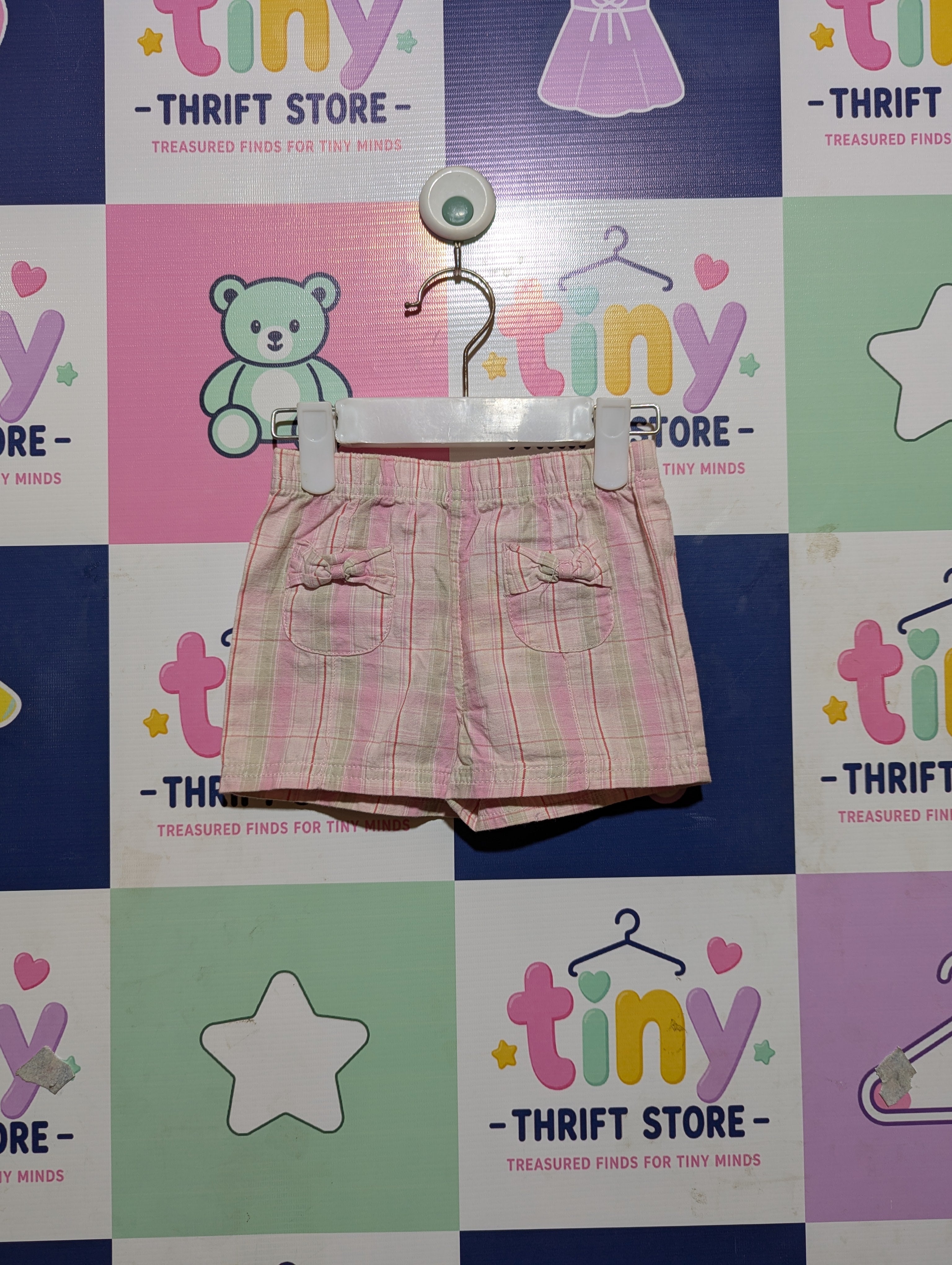 Faded Glory Girls Pink & Green Plaid Bow Shorts - Size Estimated Age 12 Months AB2