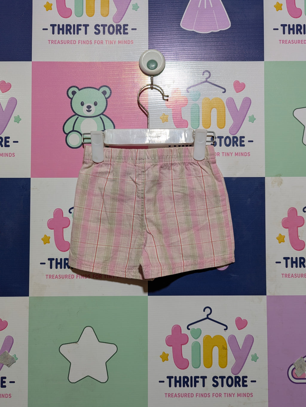 Faded Glory Girls Pink & Green Plaid Bow Shorts - Size Estimated Age 12 Months AB2