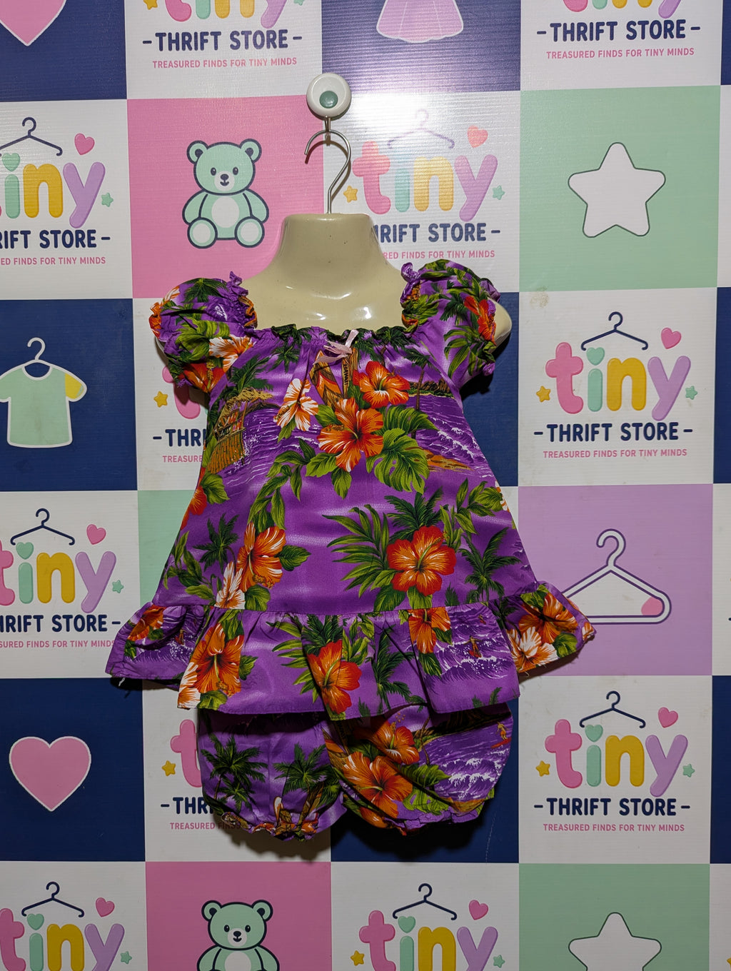 Koko Keiki Hawaii Girls Purple Tropical Hibiscus Ruffle Top and Bloomers Set - Size Estimated Age 18 Months AB2