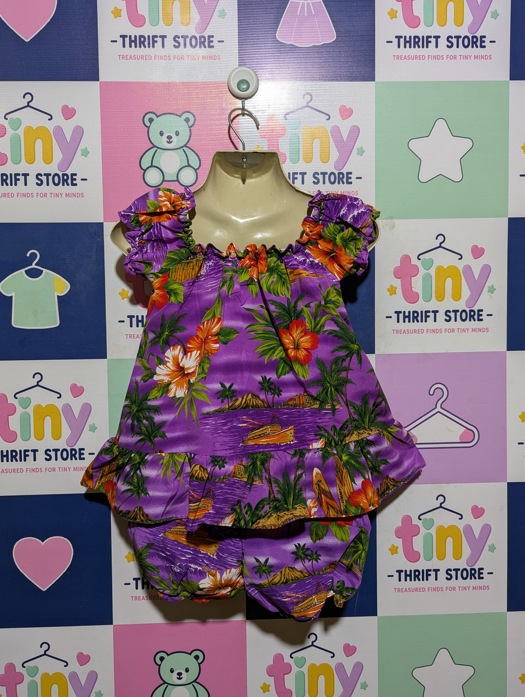 Koko Keiki Hawaii Girls Purple Tropical Hibiscus Ruffle Top and Bloomers Set - Size Estimated Age 18 Months AB2