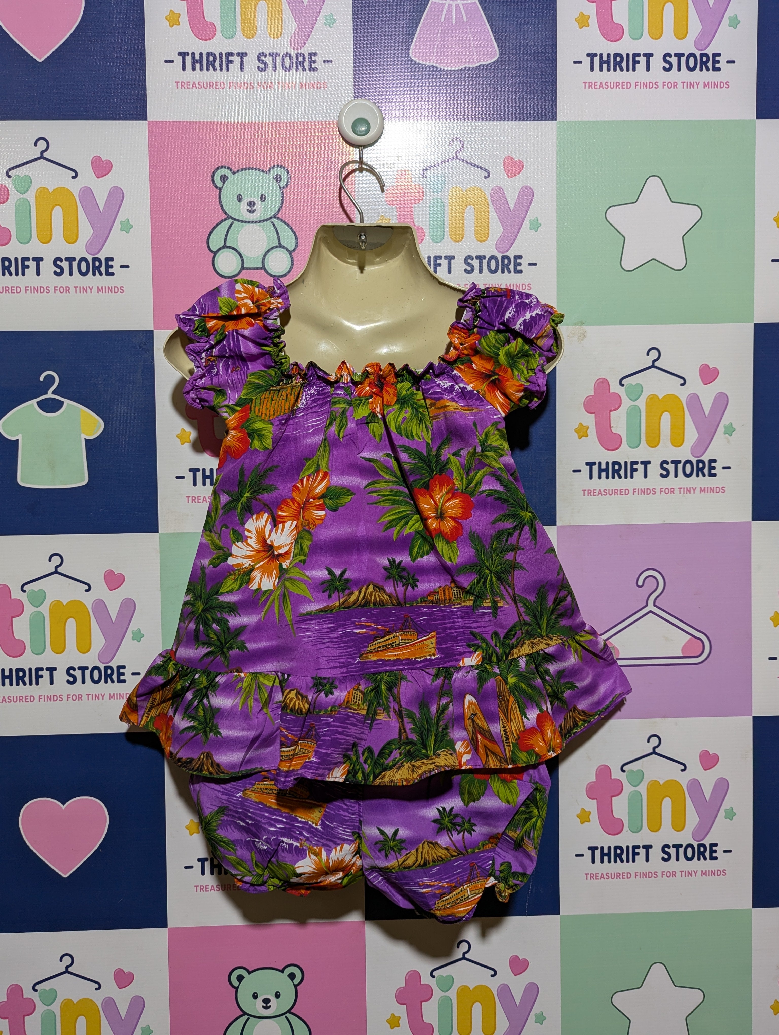 Koko Keiki Hawaii Girls Purple Tropical Hibiscus Ruffle Top and Bloomers Set - Size Estimated Age 18 Months AB2