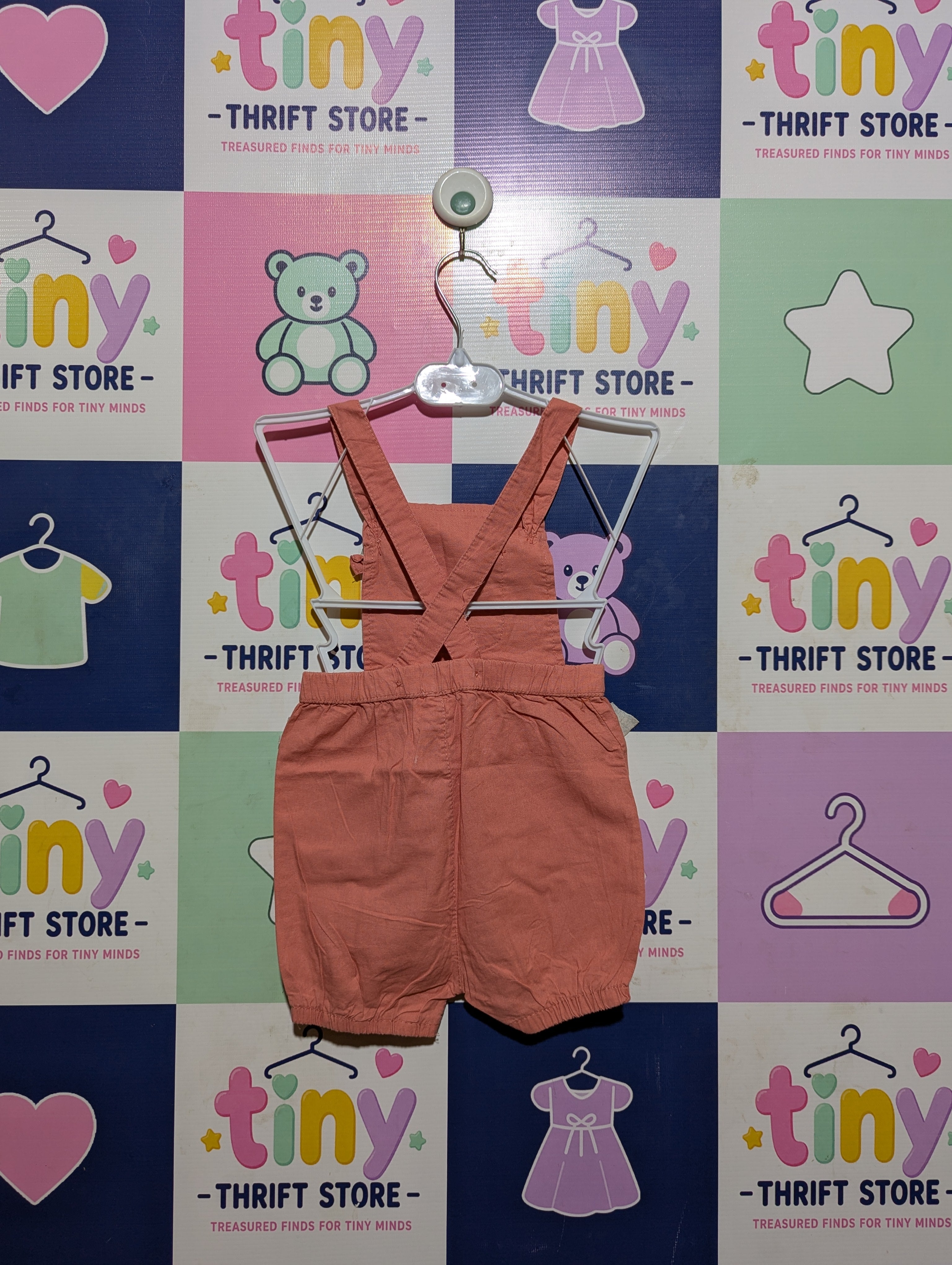 So Cute Girls Coral Pink Embroidered Pocket Overalls - Size Estimated Age 12 to 18 Months AB2