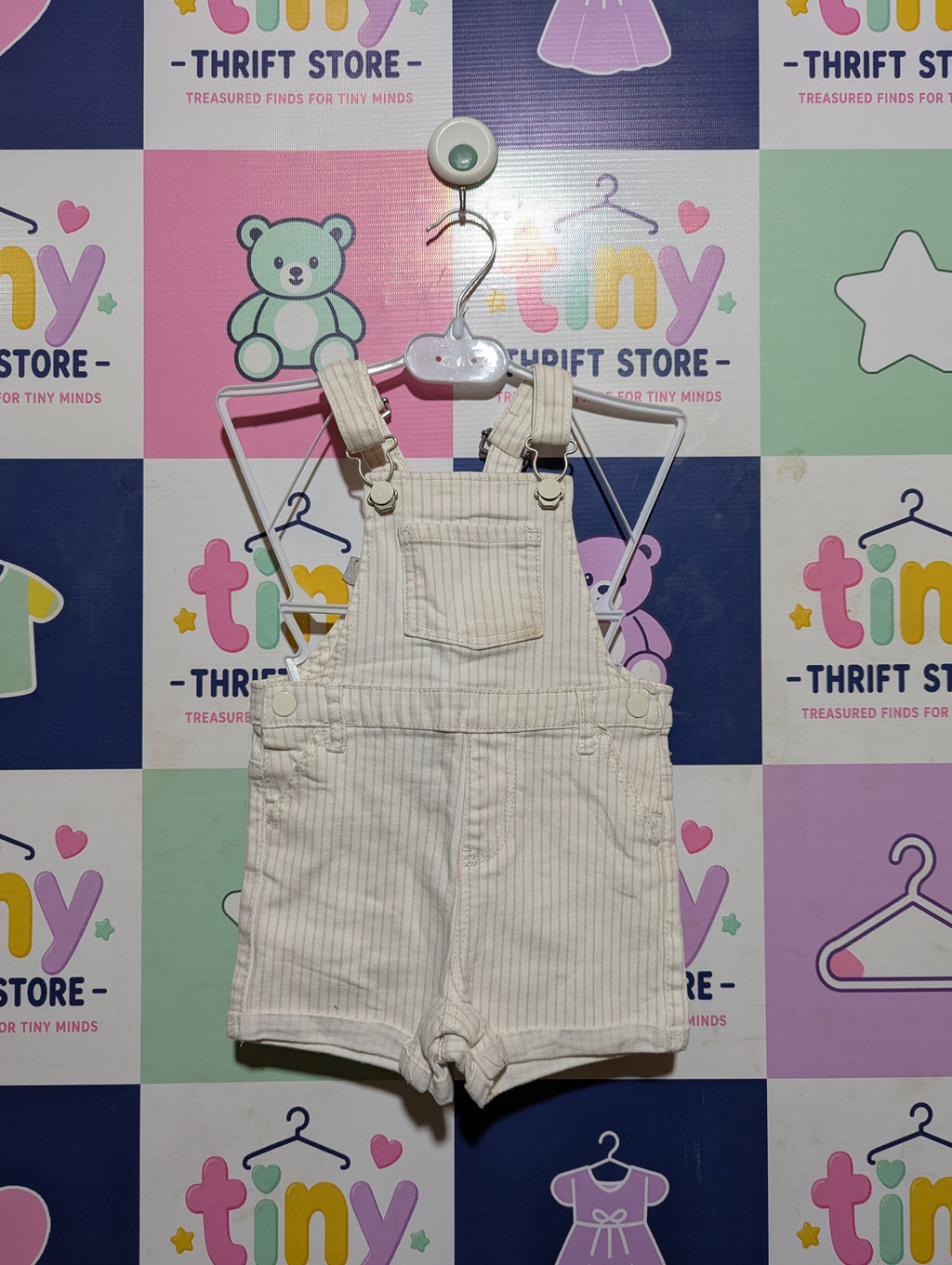 Primark Baby Girls White and Pink Striped Denim Overalls - Size Estimated Age 18 to 24 Months AB2
