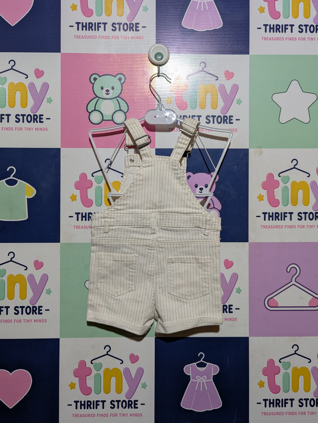 Primark Baby Girls White and Pink Striped Denim Overalls - Size Estimated Age 18 to 24 Months AB2