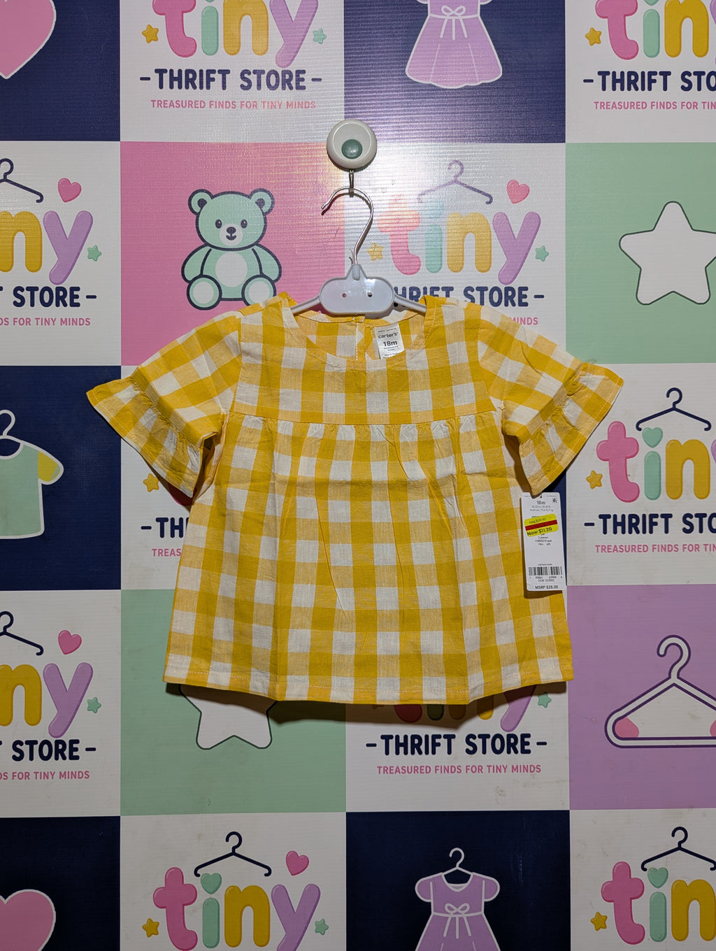 Carter's Girls Yellow and White Gingham Ruffle-Sleeve Top - Size Estimated Age 18 Months AB2