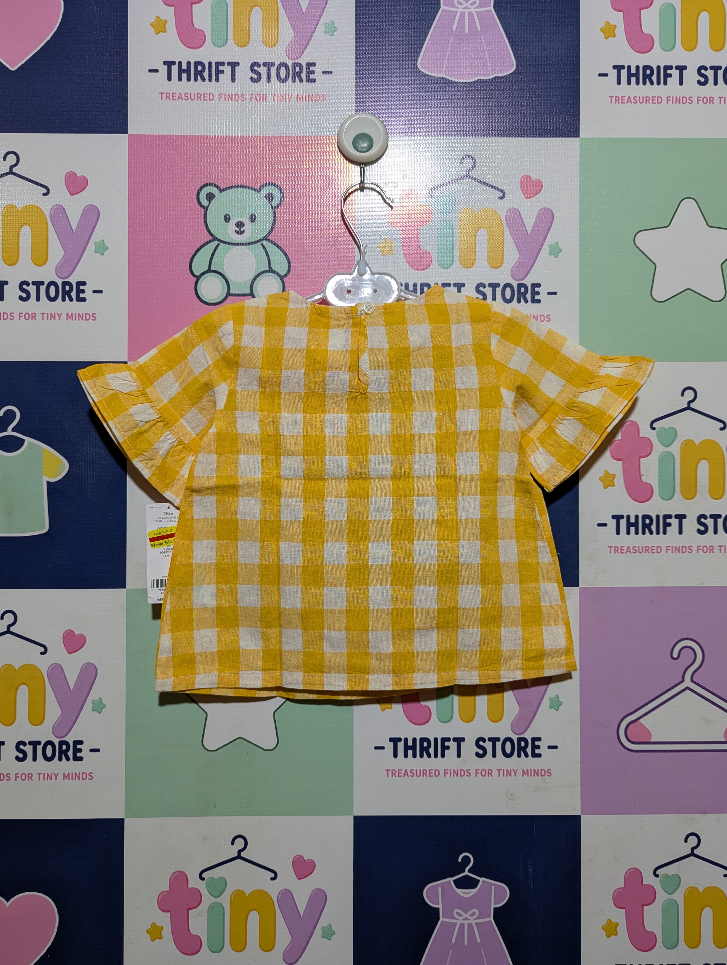 Carter's Girls Yellow and White Gingham Ruffle-Sleeve Top - Size Estimated Age 18 Months AB2