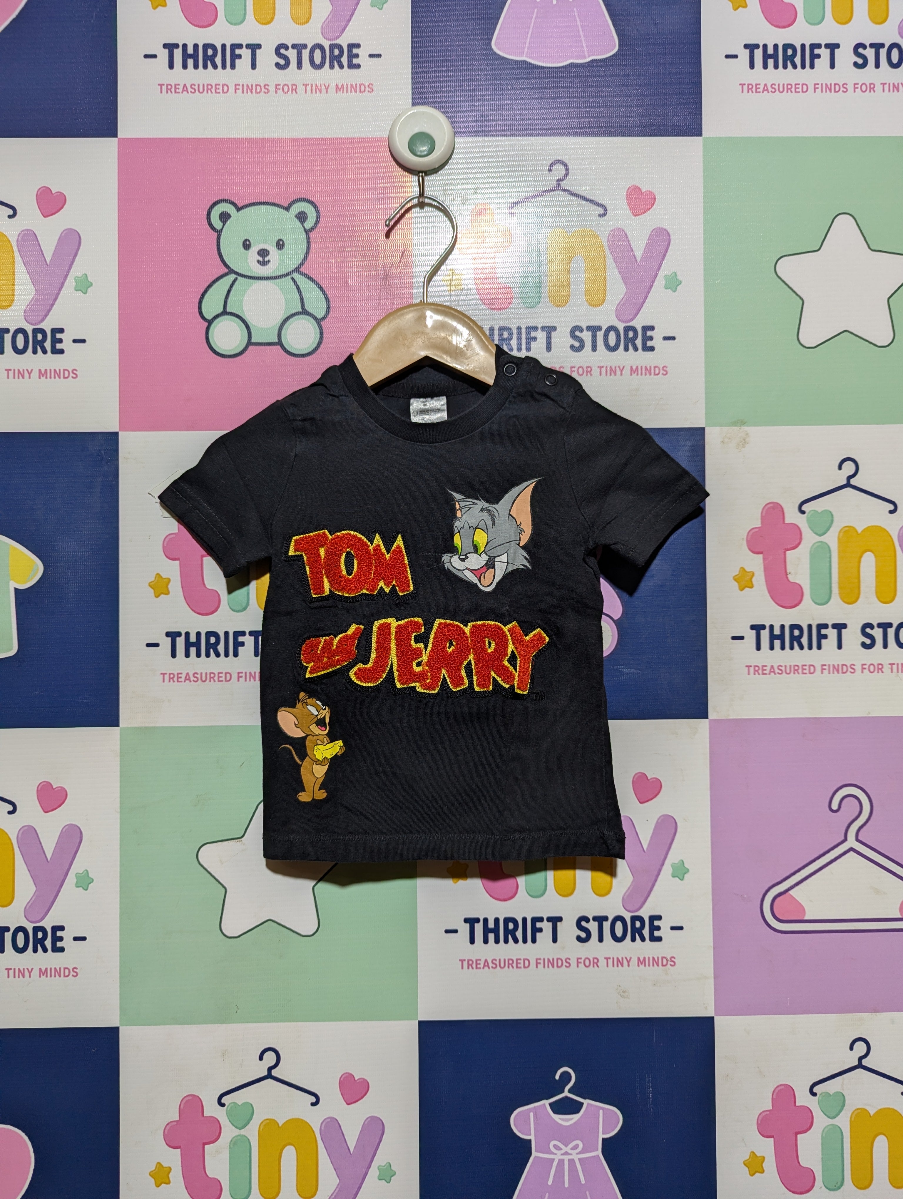 Tom and Jerry Boys Charcoal Black "Tom & Jerry" Graphic Tee - Size Estimated Age 6 to 9 Months AB2