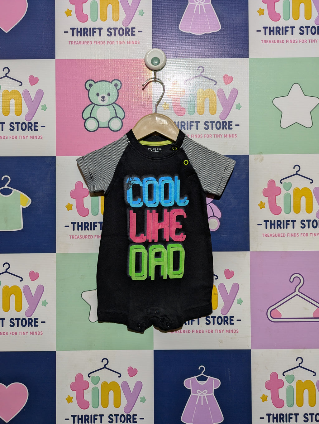 Primark Baby Boys Black "Cool Like Dad" Short Sleeve Romper - Size Estimated Age 3 to 6 Months AB2
