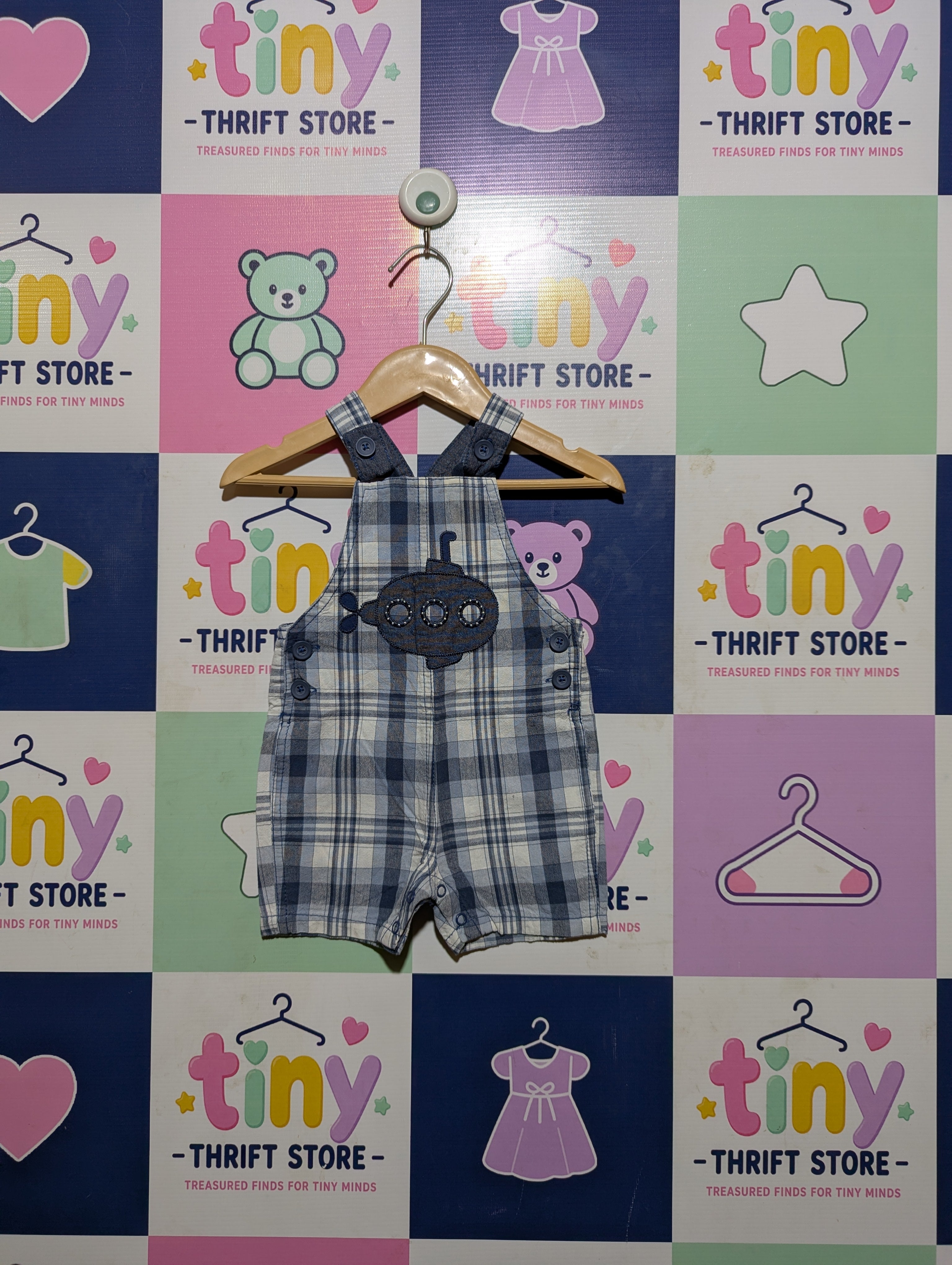 Baby Boys Blue and White Plaid Submarine Graphic Dungaree Overalls - Size Estimated Age 6 Months AB2