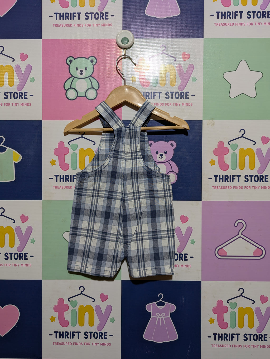 Baby Boys Blue and White Plaid Submarine Graphic Dungaree Overalls - Size Estimated Age 6 Months AB2