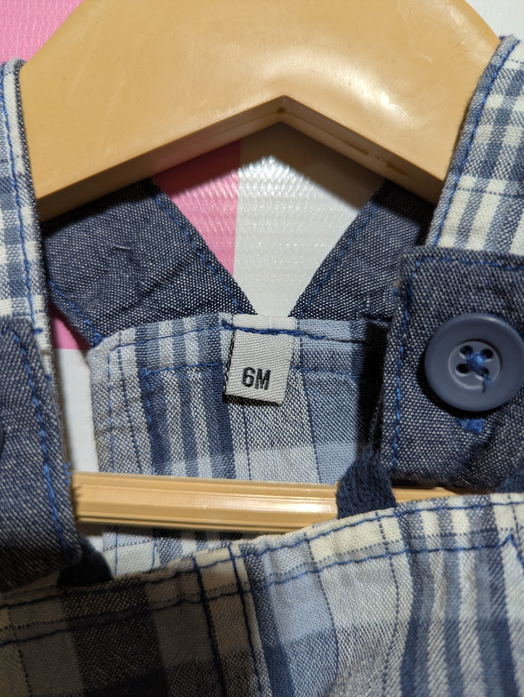 Baby Boys Blue and White Plaid Submarine Graphic Dungaree Overalls - Size Estimated Age 6 Months AB2