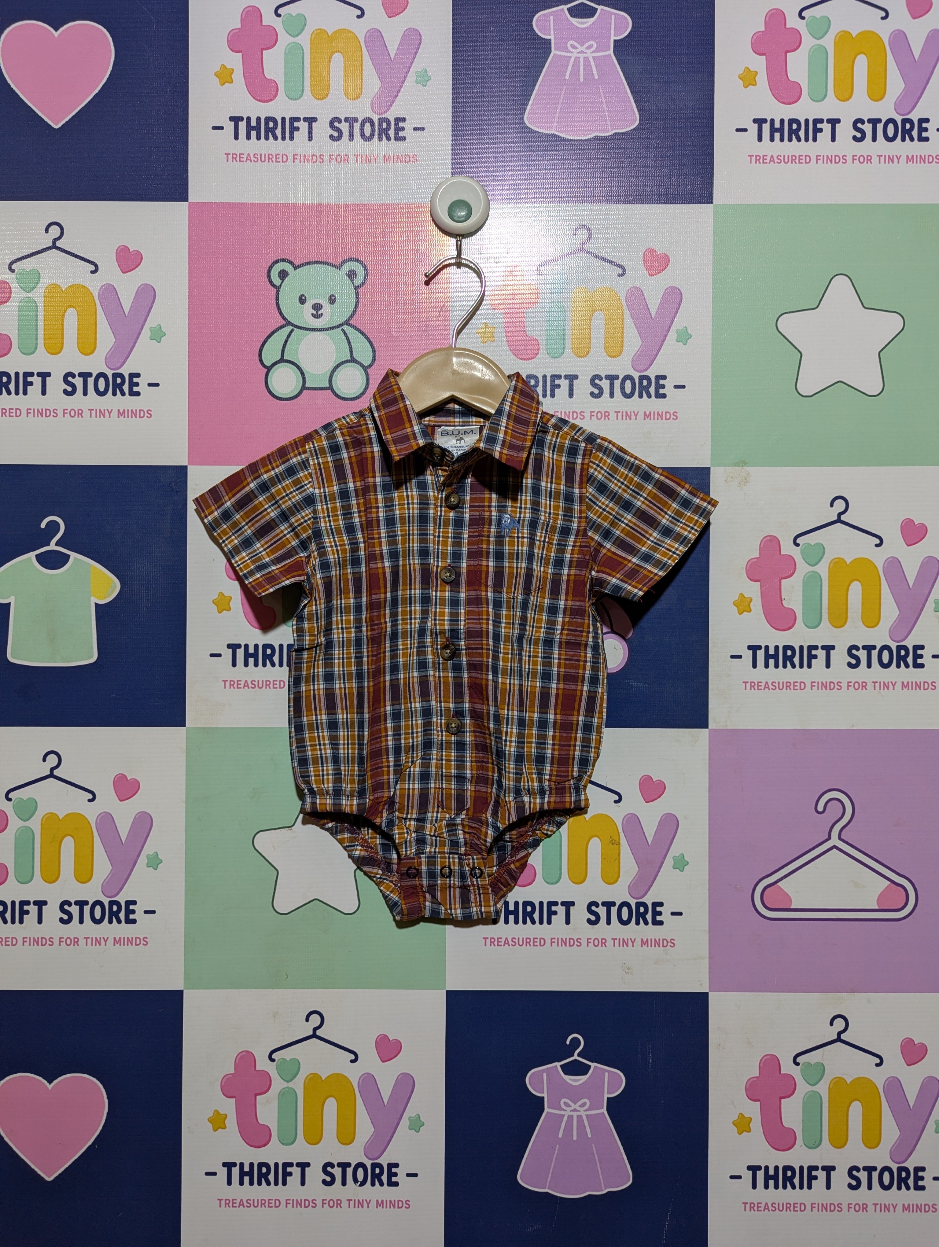 Baby B.U.M. Boys Multi-Color Plaid Short Sleeve Romper Shirt - Size Estimated Age 12 Months AB2