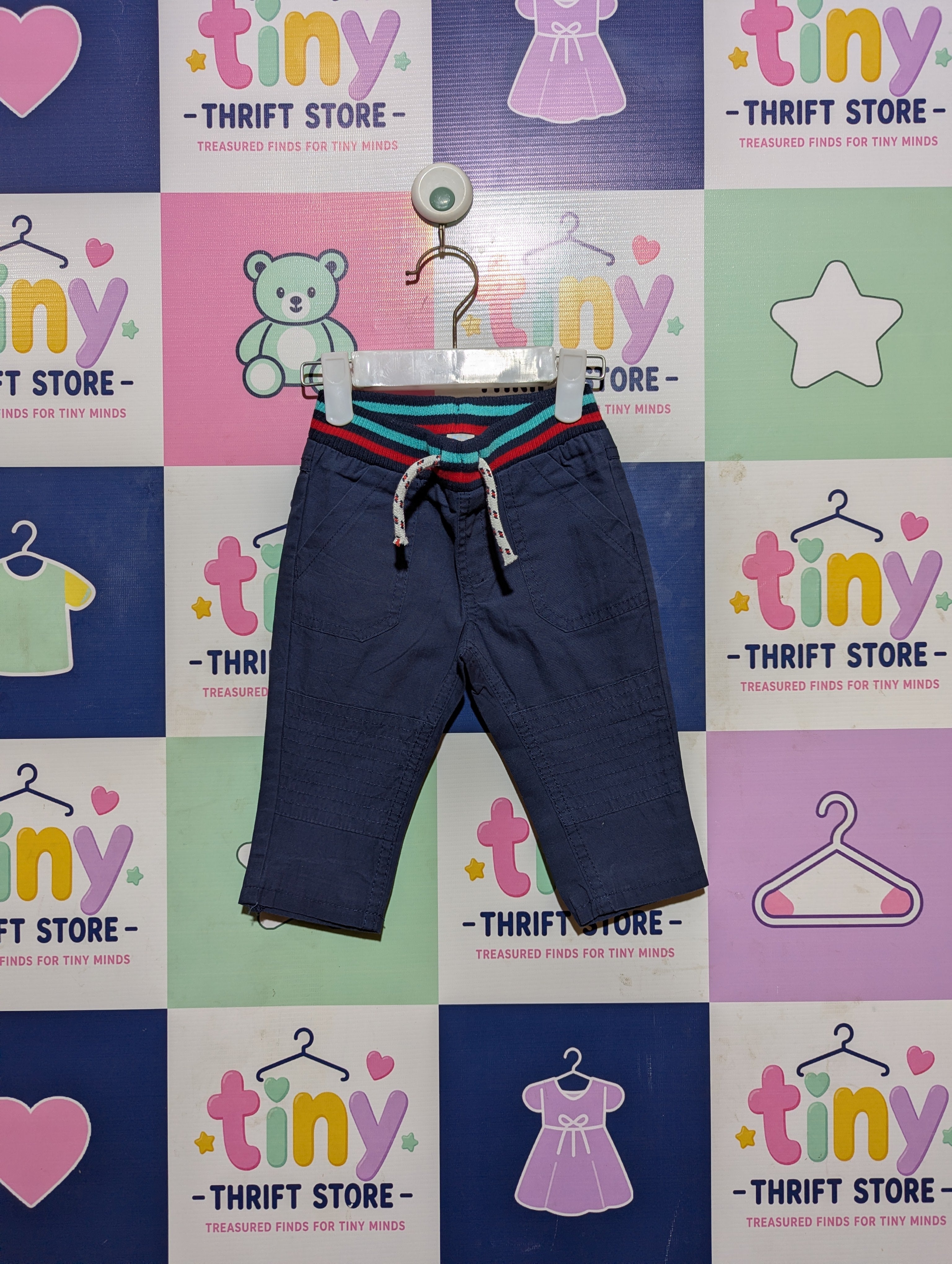 Baby Club Boys Navy Blue Striped Waistband Casual Trousers - Size Estimated Age 6 to 9 Months AB2