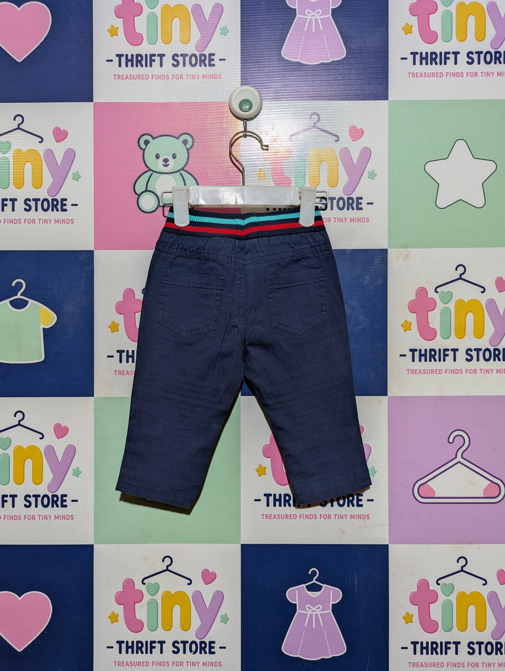 Baby Club Boys Navy Blue Striped Waistband Casual Trousers - Size Estimated Age 6 to 9 Months AB2