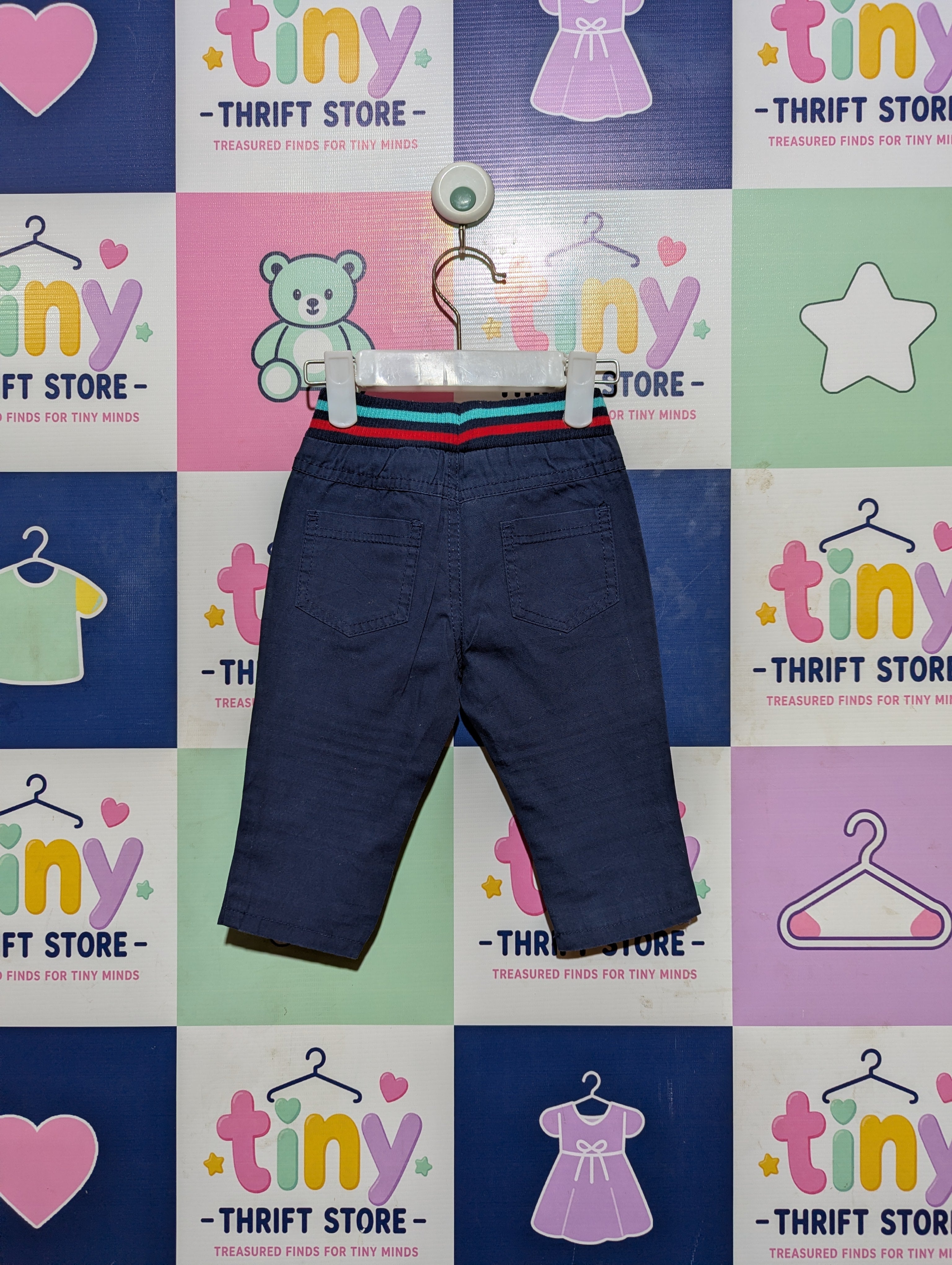 Baby Club Boys Navy Blue Striped Waistband Casual Trousers - Size Estimated Age 6 to 9 Months AB2