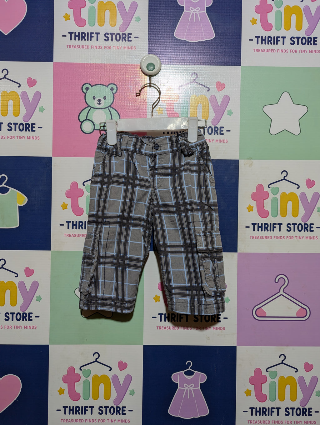 Okay! Boys Grey & Blue Plaid Cargo Trousers - Size Estimated Age 4 to 6 Months AB2