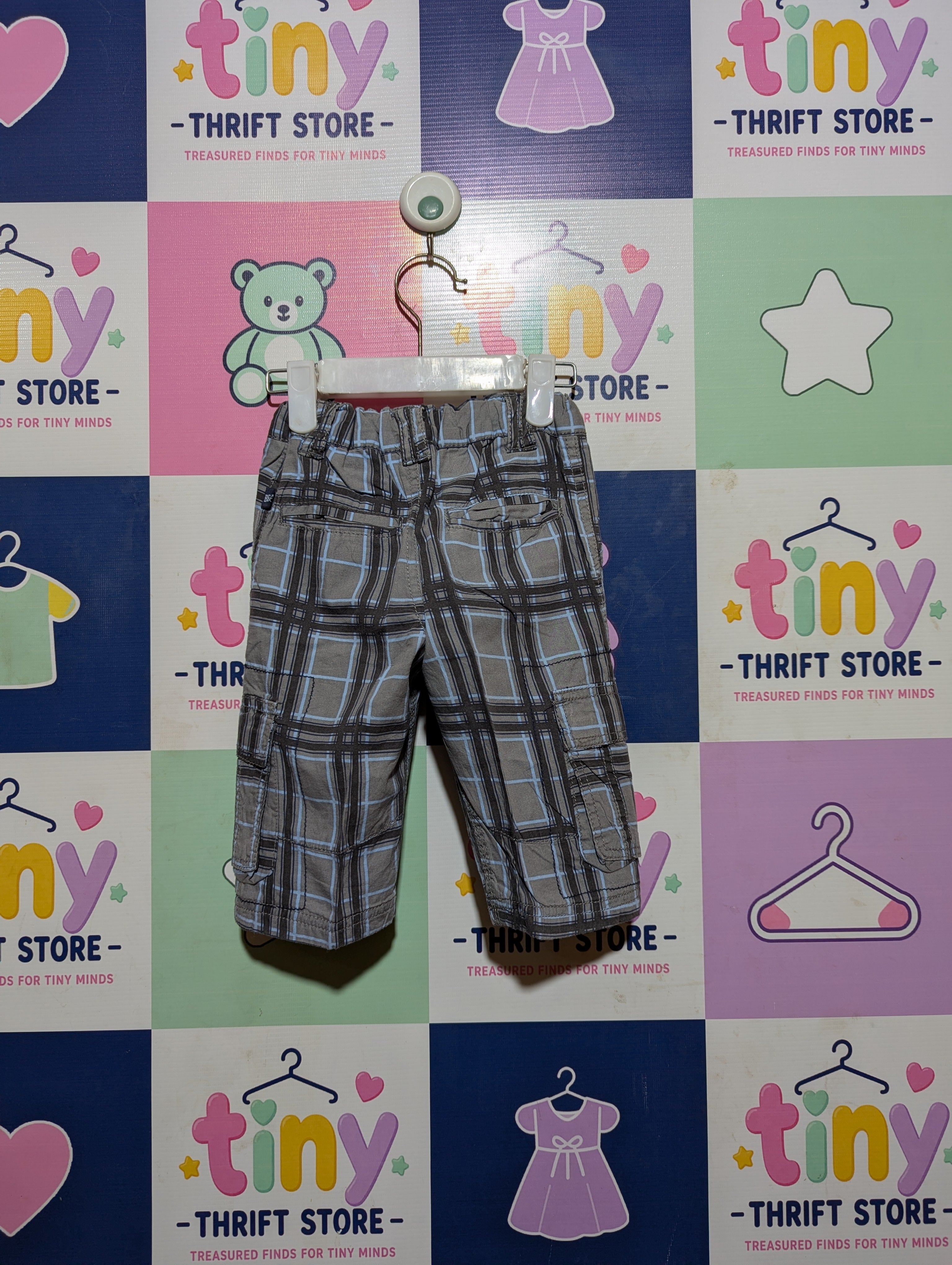 Okay! Boys Grey & Blue Plaid Cargo Trousers - Size Estimated Age 4 to 6 Months AB2